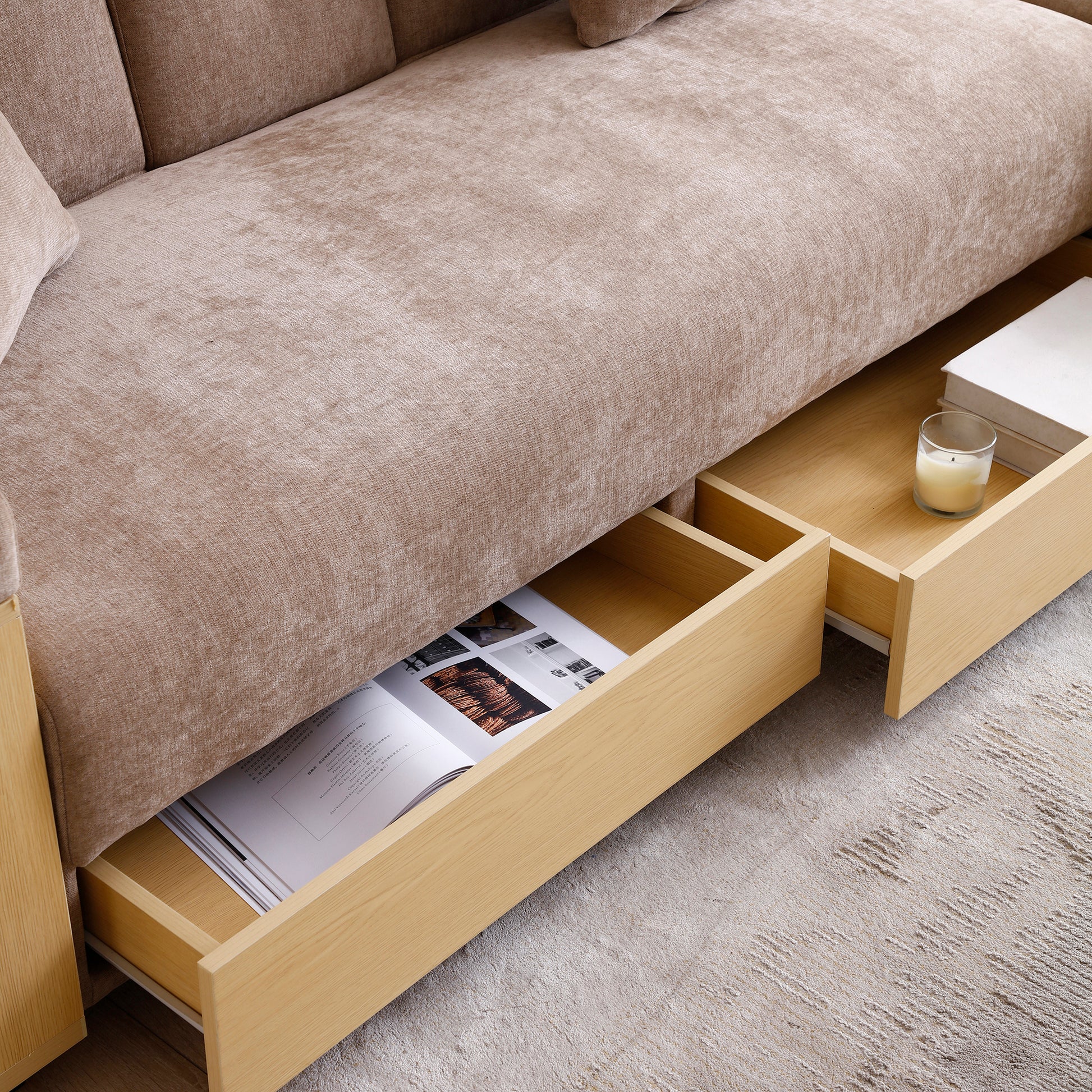 Convertible Sleeper Sofa Couch,Multifunctional Double Folding Sofa Bed,Storage Ottoman And Sofa Arm With Box And Drawer, Drop Down Table With 2Cup Holders For Living Room,Apartment,Office,Light Brown Light Brown Linen Wood Primary Living Space Modern