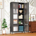 Large Metal Storage Cabinet Display Cabinet With 4 Glass Doors 5 Shelves Side Cabinet Bookcase Freestanding Cabinet For Bedroom Living Room Pantry Home Office Black, Waffle Grids Tempered Glass Freestanding 5 Or More Spaces Black Office Glass Doors