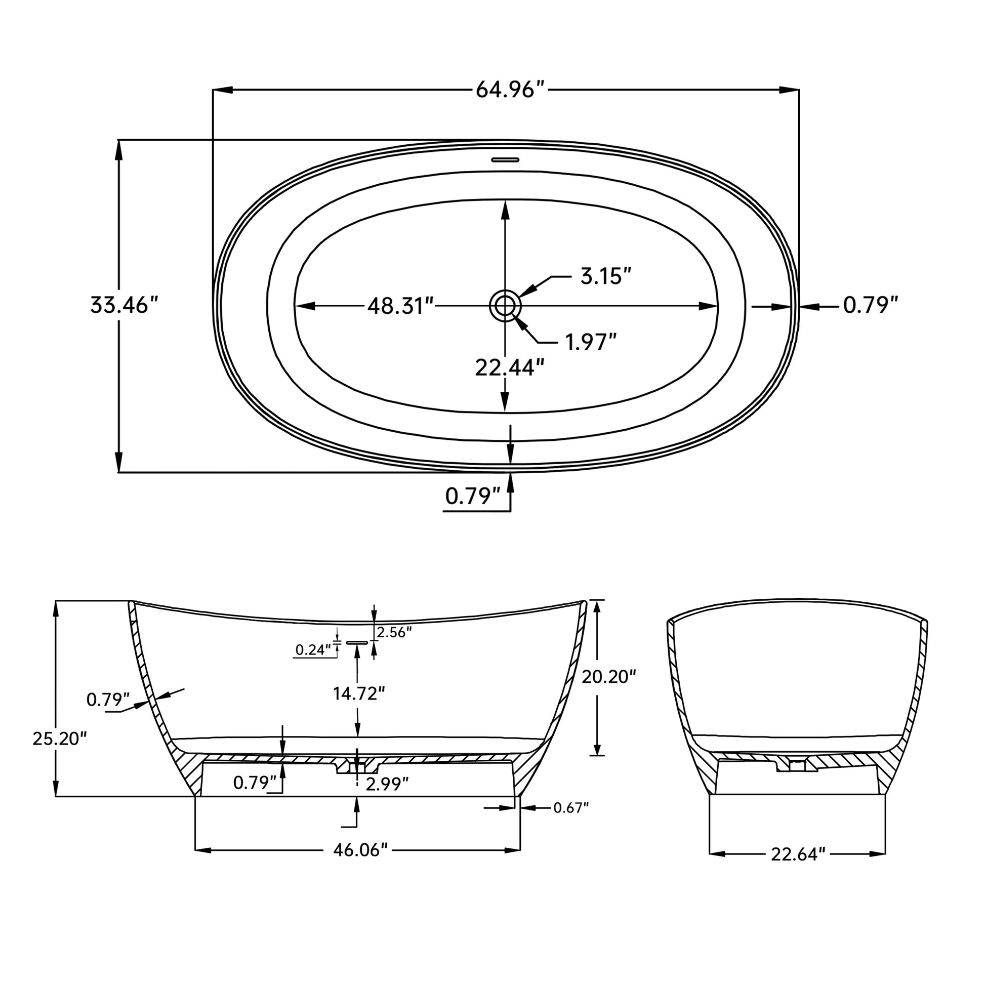 65" Solid Surface Soaking Bathtub Matte White Freestanding Tubs Matte 61 69 In Center Front Solid Surface