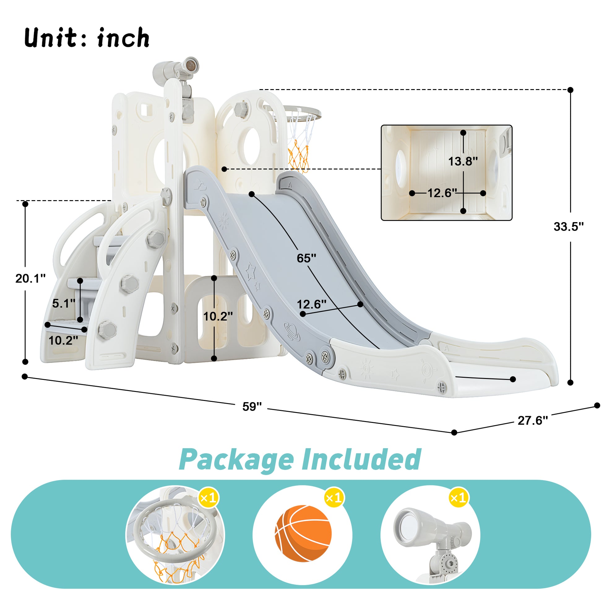 5 1 Toddler Slide Set, Freestanding Space Set With Slide, Kids Slide Playset Structure, Telescope And Basketball Hoop, Toy Storage Space, Kids Climbers Playground Grey White 50 99 Lbs Cute 1 To 2 Years Hdpe Indoor & Outdoor Use