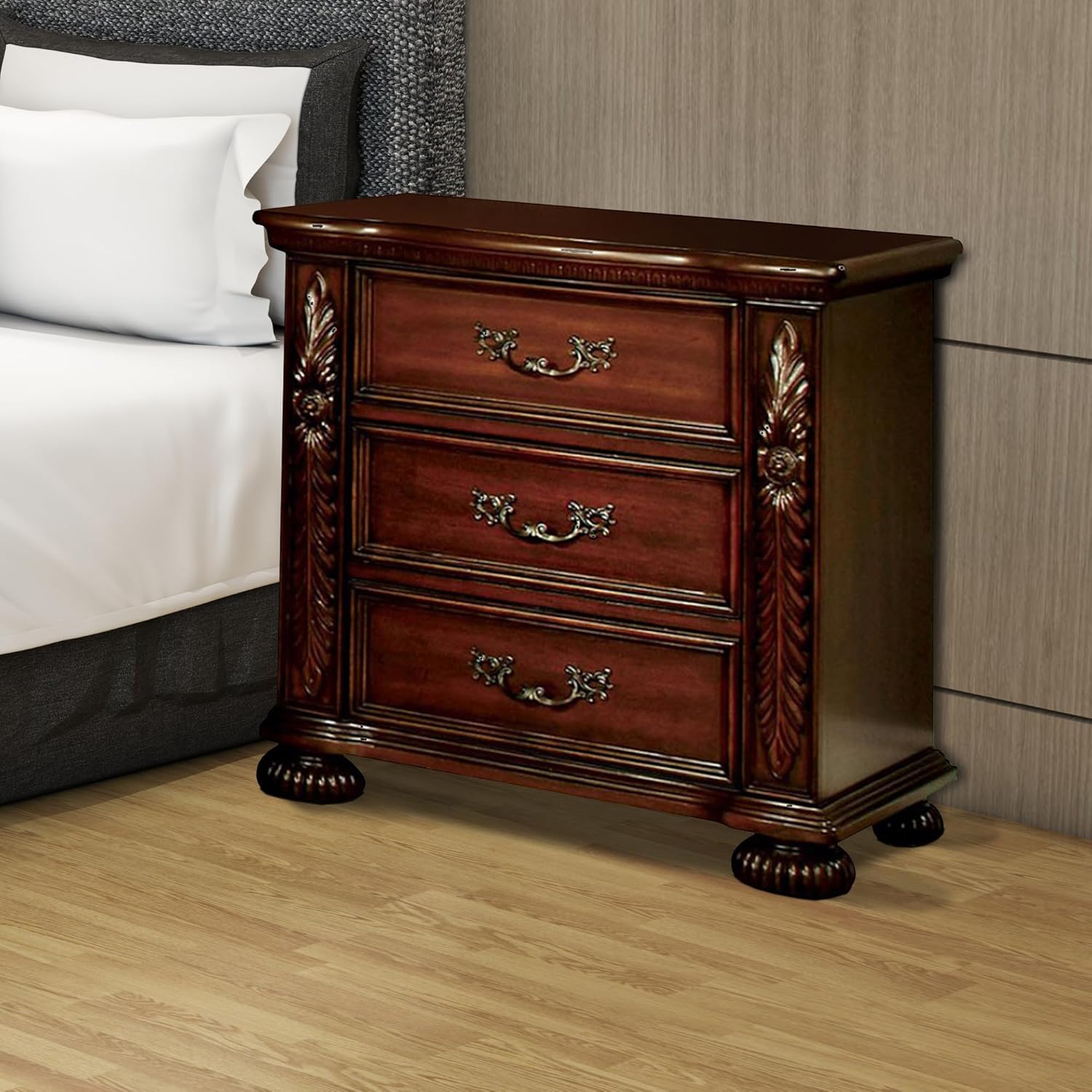 Brown Cherry Traditional 1Pc Nightstand Solid Wood 3 Drawers Bedside Table Pewter Hanging Pull Grand Design Bedroom Furniture Brown Brown 3 Drawers Bedroom Bedside Cabinet Classic,Luxury,Traditional Drawers Cherry Solid Wood