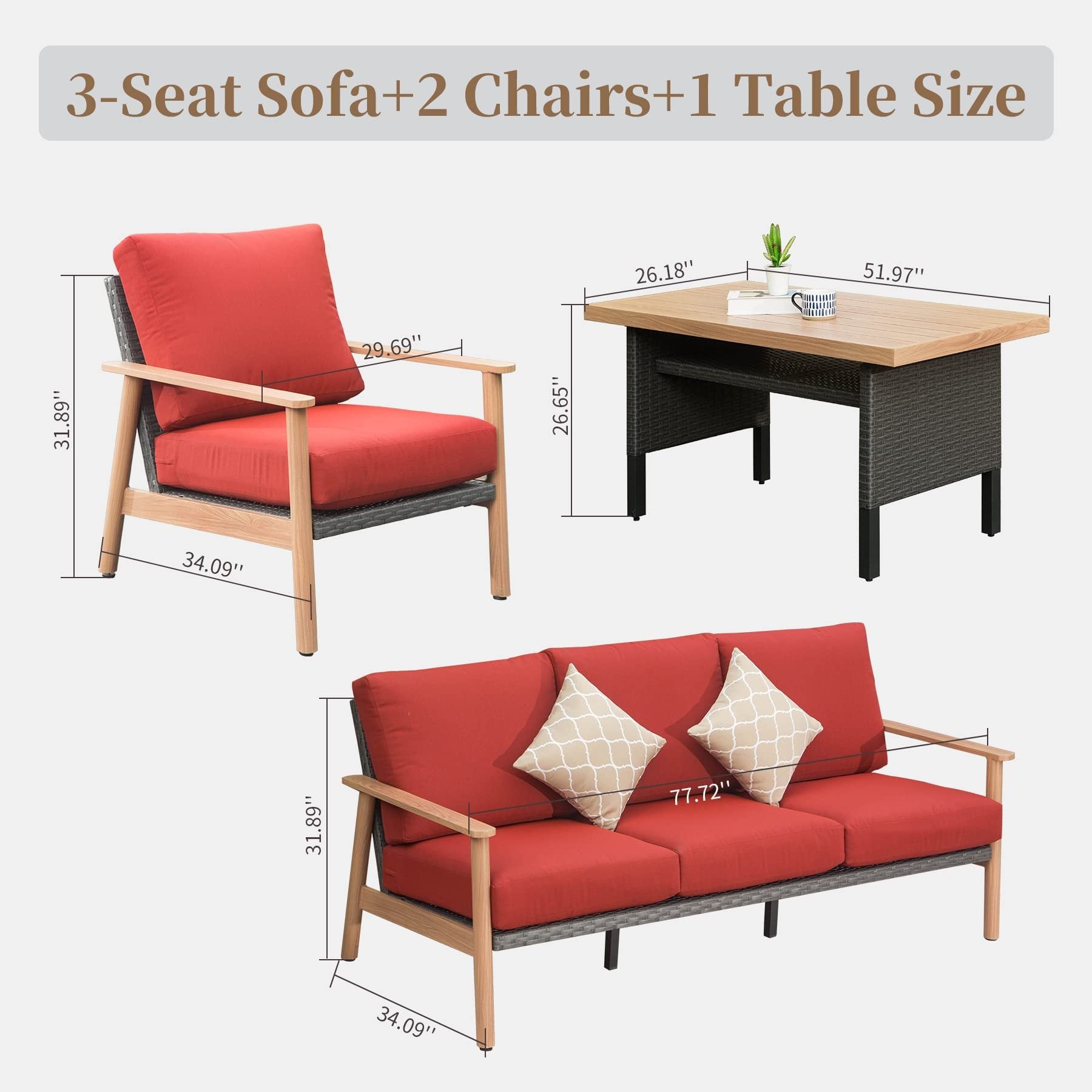 Outdoor Wicker Patio Furniture Sets 4 Pieces, All Weather Aluminum Rattan Padded Sofa Patio Conversation Sets With 2 Pillows For Porch Deck Garden Red Yes Red Garden & Outdoor Multiple Chairs Seating Group Aluminum