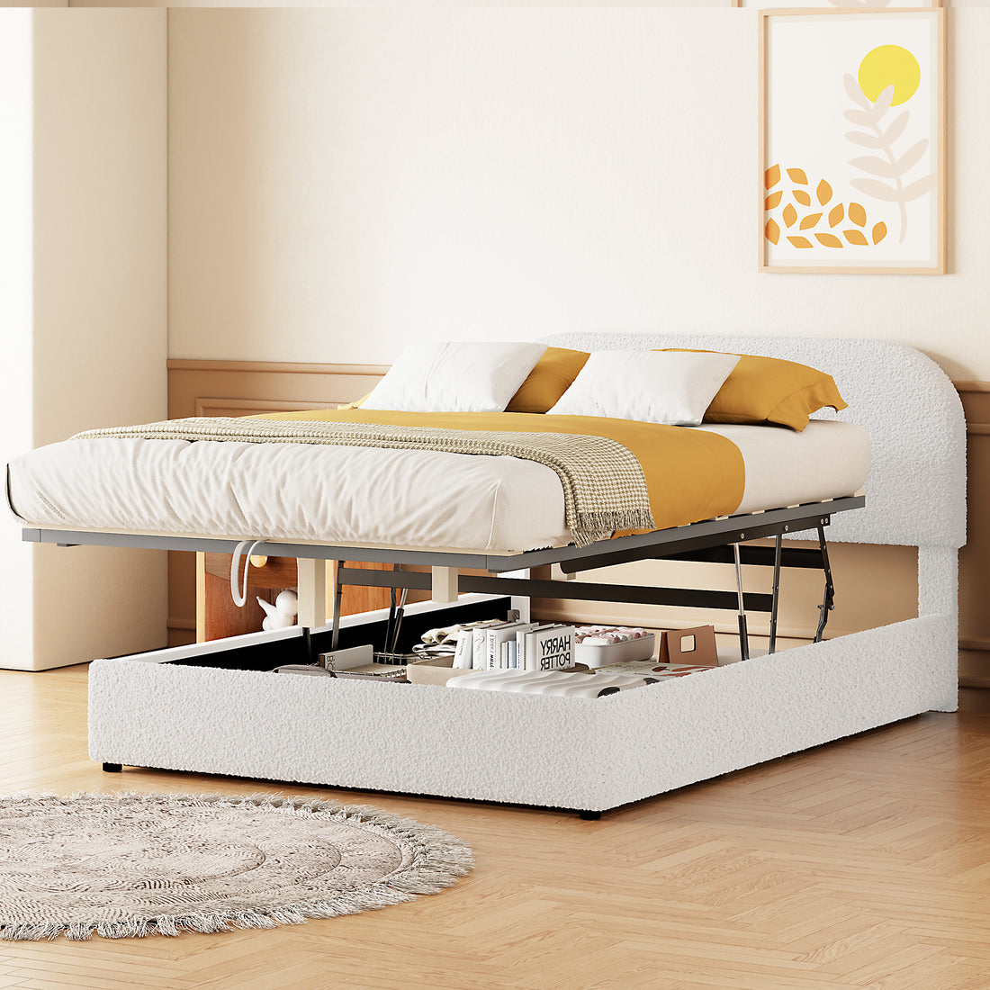 Teddy Fleece Full Size Upholstered Platform Bed With Hydraulic Storage System, White Full White Teddy