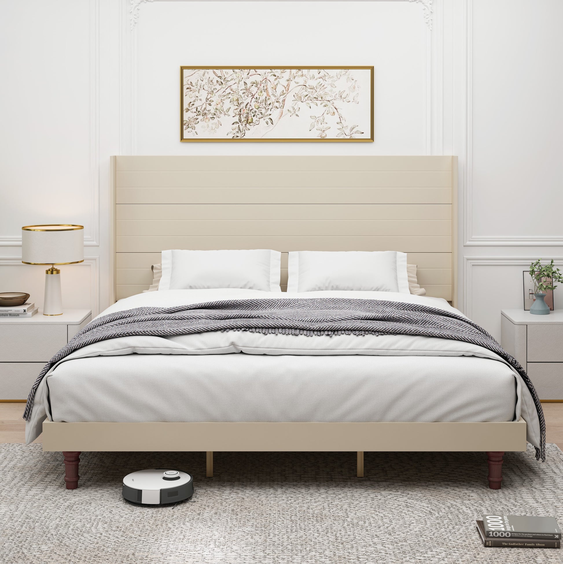 Stylish High Headboard Bed, 54 "High Headboard, High Quality, Comfortable High Back Design Ideal For Reading Or Relaxing, King Size, Beige Box Spring Not Required Beige Mdf