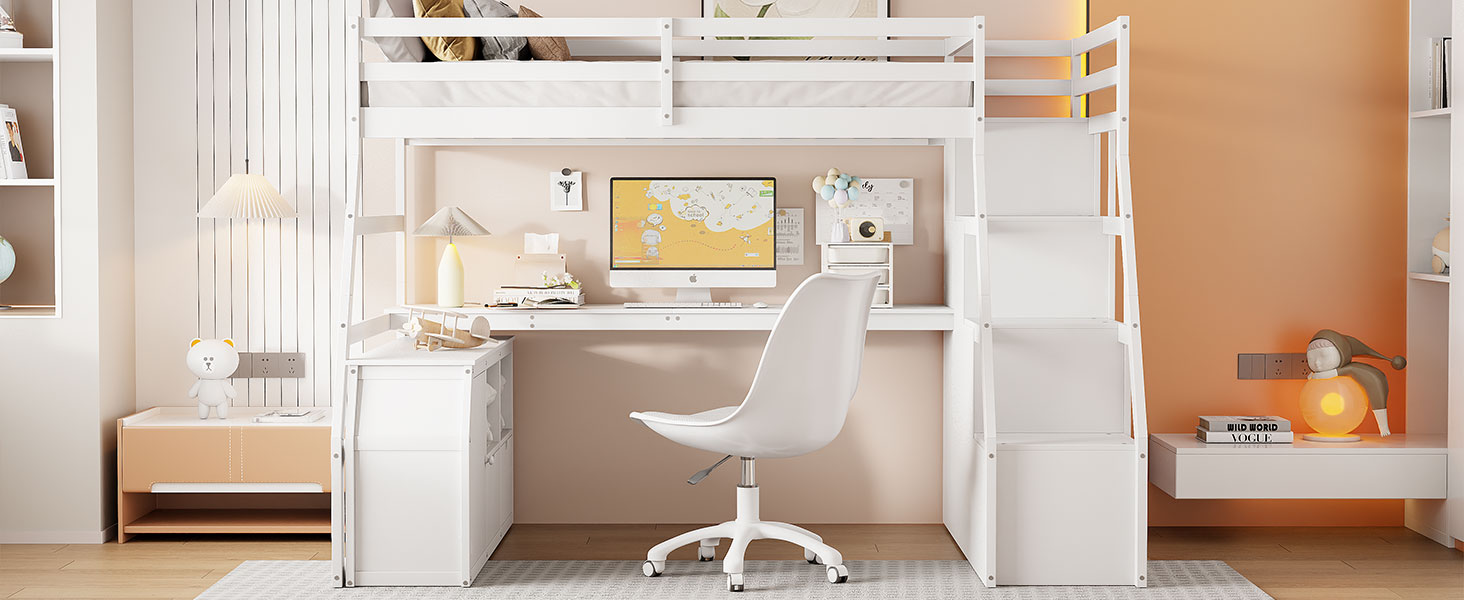 Full Size Loft Bed With 7 Drawers 2 Shelves And Desk White Full White Plywood