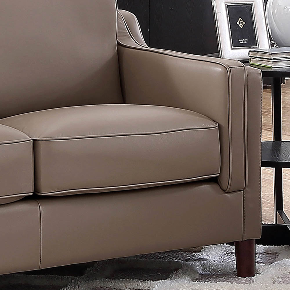 Bella Top Grain Leather Loveseat Taupe Brown Genuine Leather Wood Primary Living Space Medium Firm Cushion Back Mid Century Modern Eucalyptus Square Arms Down Filling Leather