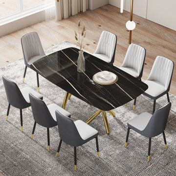 Large Modern Minimalist Rectangular Dining Table With 0.39 "Imitation Marble Black Tabletop And Golden Metal Legs, Paired With Chairs With Pu Cushions And Black Metal Legs. F 1538 C 007 Black Gold Glass Metal