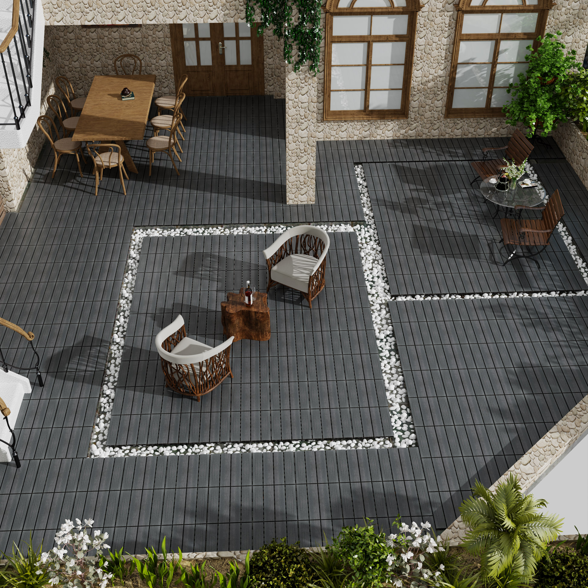 Patio Floor Tiles Pack Of 11 Wpc Wood Plastic Composite Patio Deck Tiles Diy Interlocking Decking Tiles, Quick Deck Floor Tile, Court Tile, Water Resistant Indoor Outdoor 11.8" Ash Dark Gray Plastic