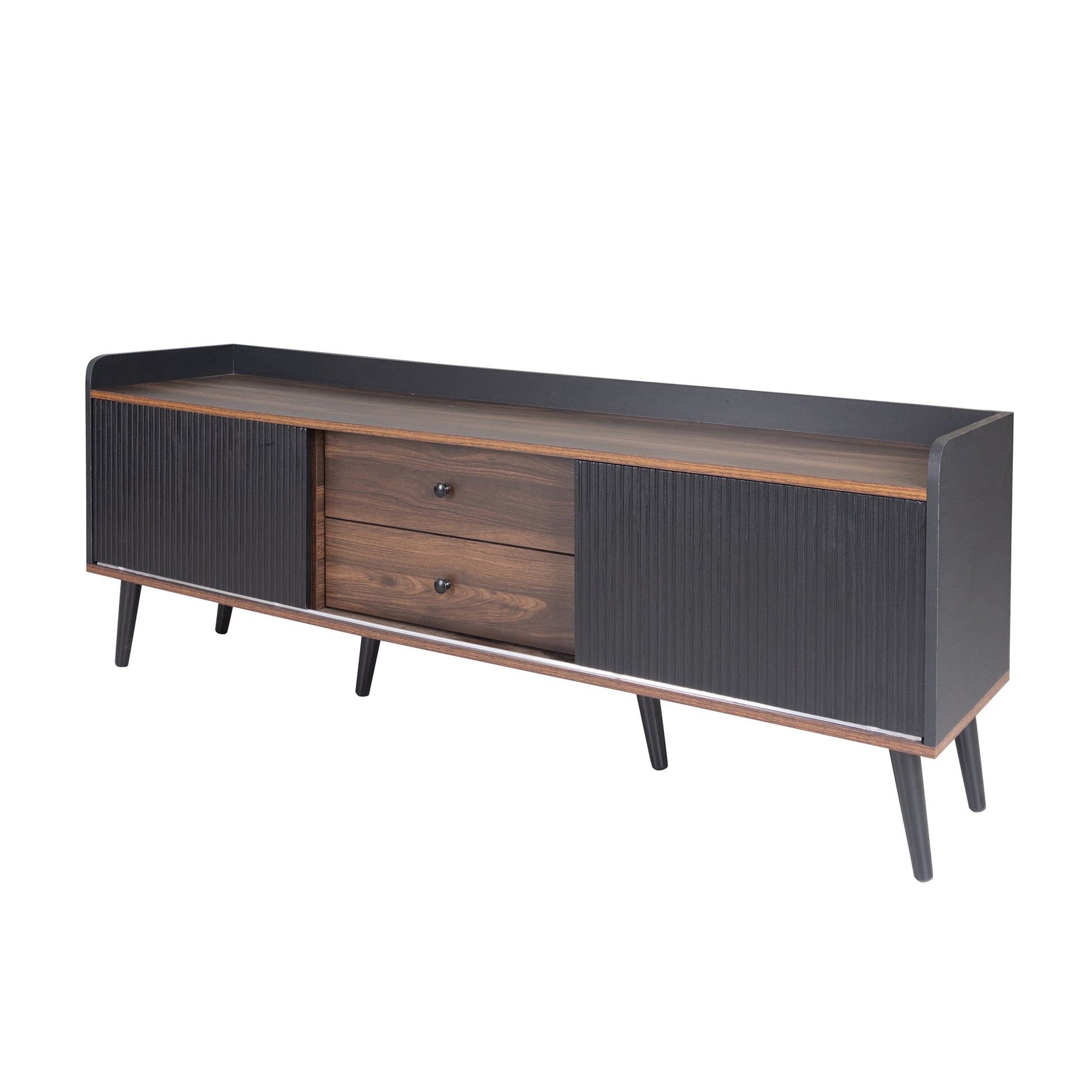 63'' Mid Century Tv Stand With 2 Cabinets& Open Compartments, Entertainment Center For Tvs Up To 70'', Television Console For Living Room, Bedroom, Home Theatre Dark Coffee Black Primary Living