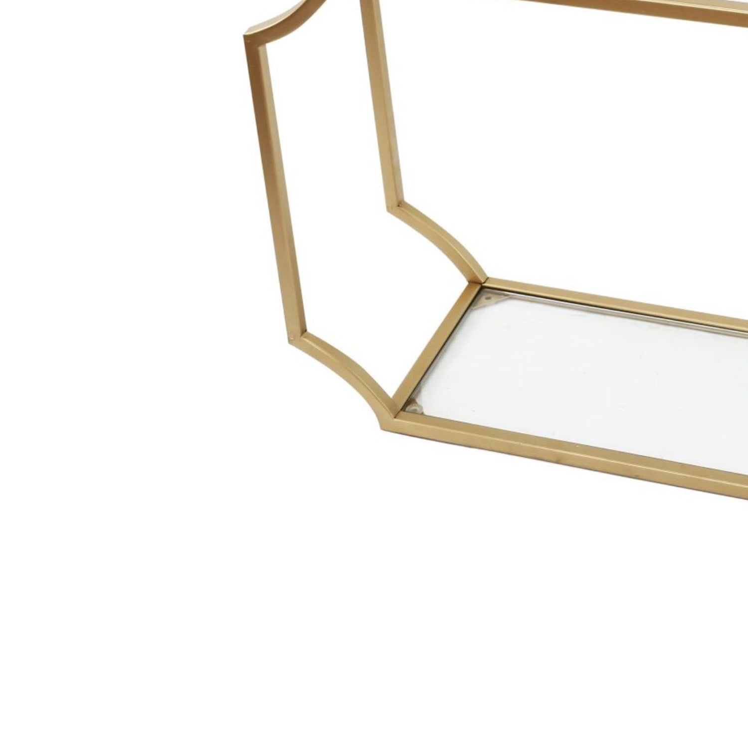 Metal Wall Shelf With Two Glass Shelves And Smooth Chamfered Corners, Gold And Clear Gold Iron