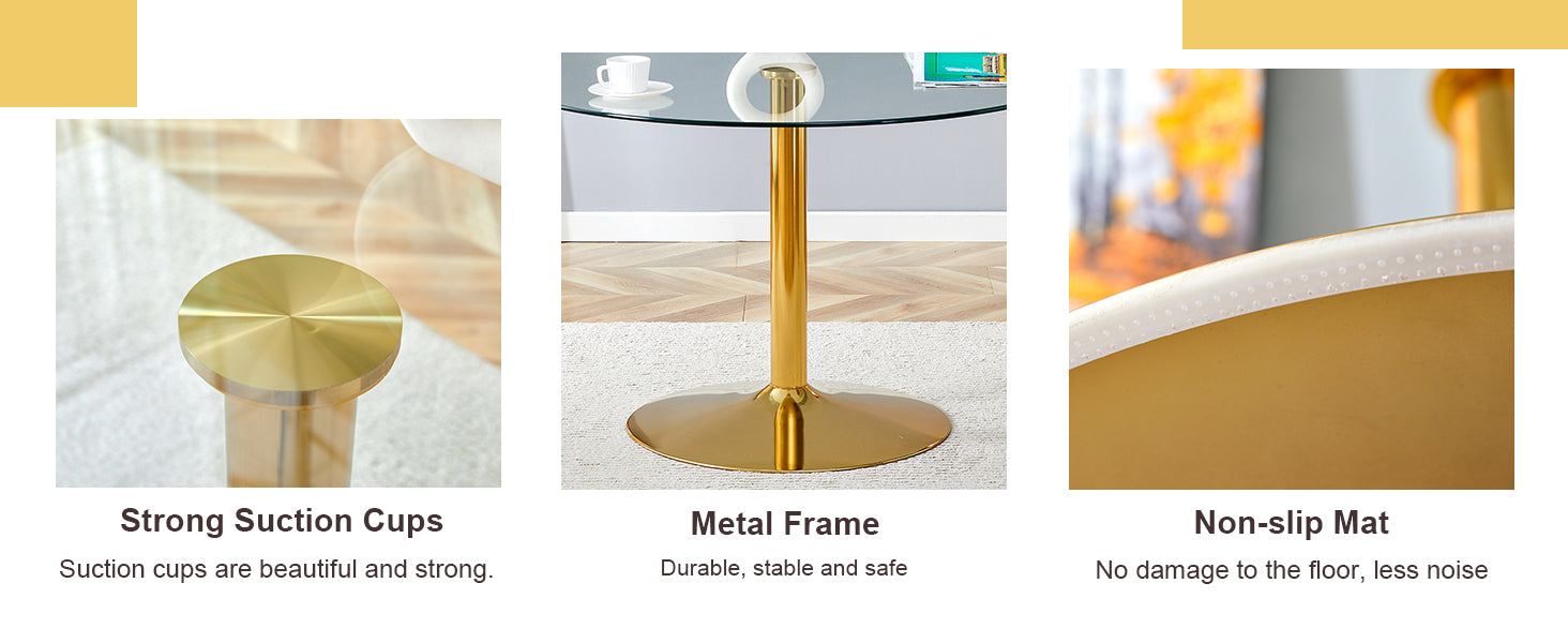 A 47 Inch Diameter Glass Top And A Modern, Minimalist Round Dining Table With Gold Metal Legs. Ideal For Dining Rooms, Living Rooms And Meeting Rooms. Model: Dt 1166 Gold Glass Metal