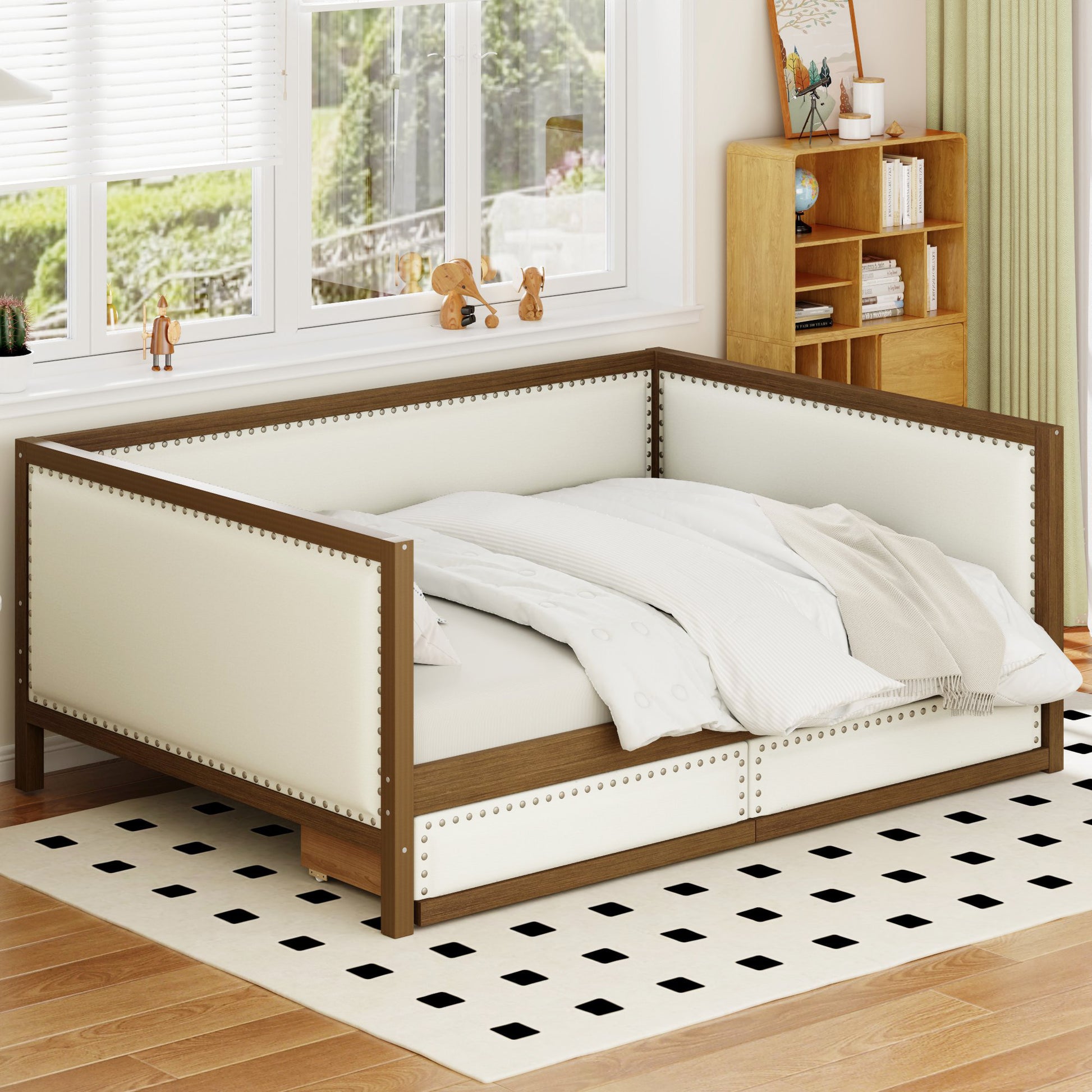 Full Size Upholstered Daybed With 2 Drawers And Decoration, Wood Color Box Spring Not Required Full Wood Wood Daybeds Linen Upholstered