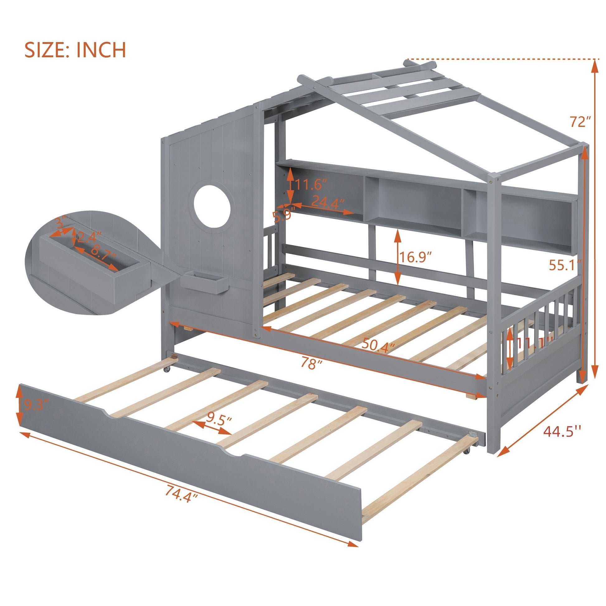 Wooden Twin Size House Bed With Trundle, Modern Design For Kids With Storage Shlef, Gray Twin Gray Solid Wood