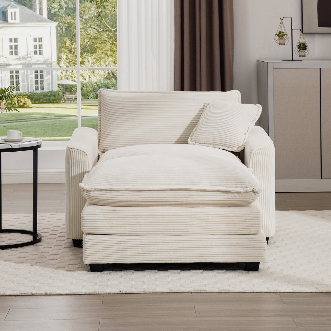 Comfortable Single Chair Deep Seat Sofa With Footstool With One Pillow, Accent Chair With Ottoman Suitable For Living Room And Bedroom And Reading Room, Light Beige Corduroy Fabric Beige Corduroy 1 Seat