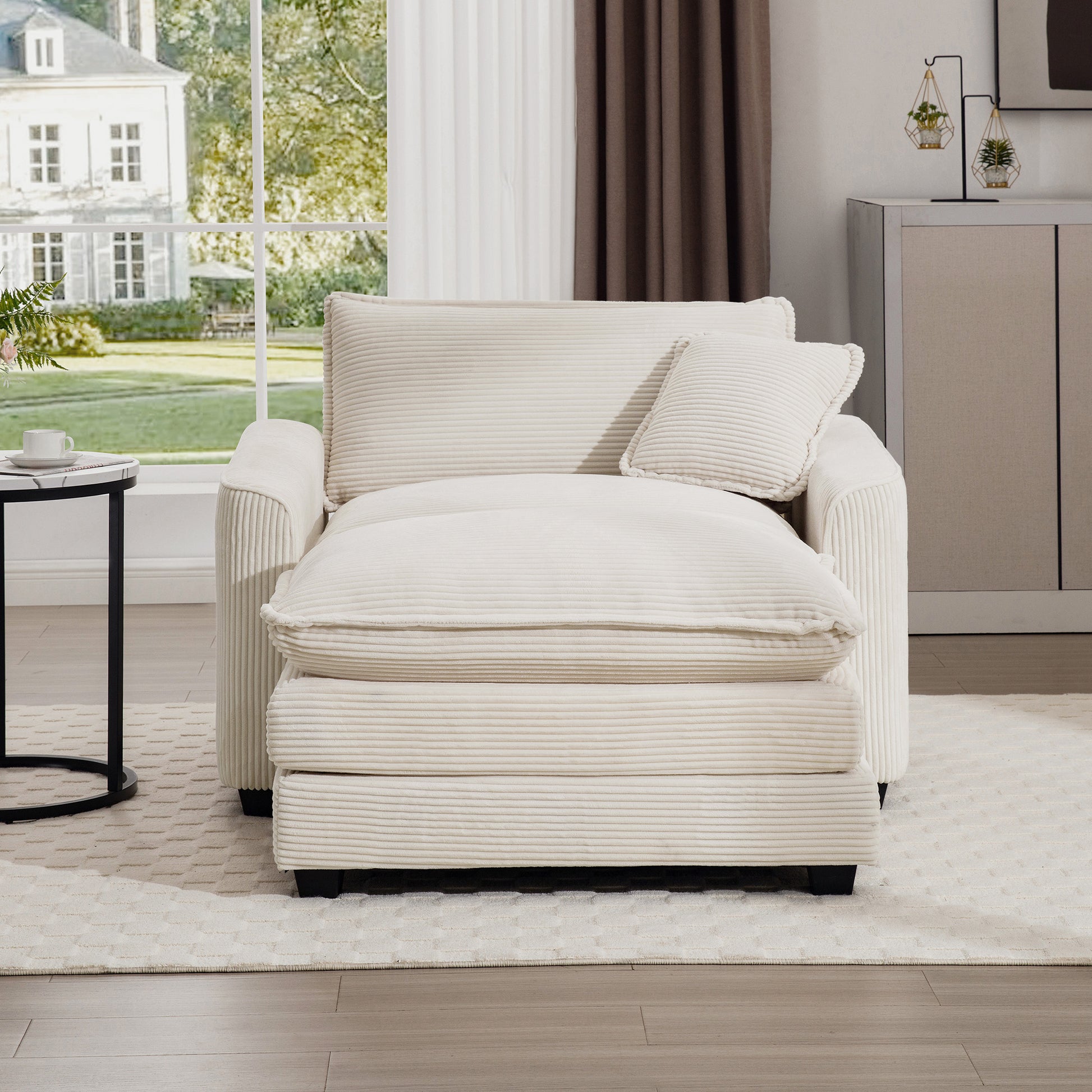 Comfortable Single Chair Deep Seat Sofa With Footstool With One Pillow, Accent Chair With Ottoman Suitable For Living Room And Bedroom And Reading Room, Light Beige Corduroy Fabric Beige Corduroy 1 Seat