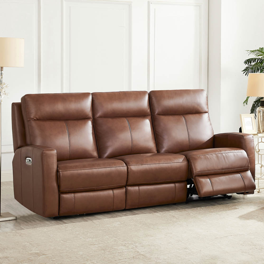 Vienna Power Headrest Zero Gravity Reclining Sofa Brown Genuine Leather Wood Primary Living Space Medium Firm Tight Back Mid Century Modern Eucalyptus Square Arms Memory Foam Leather 3 Seat