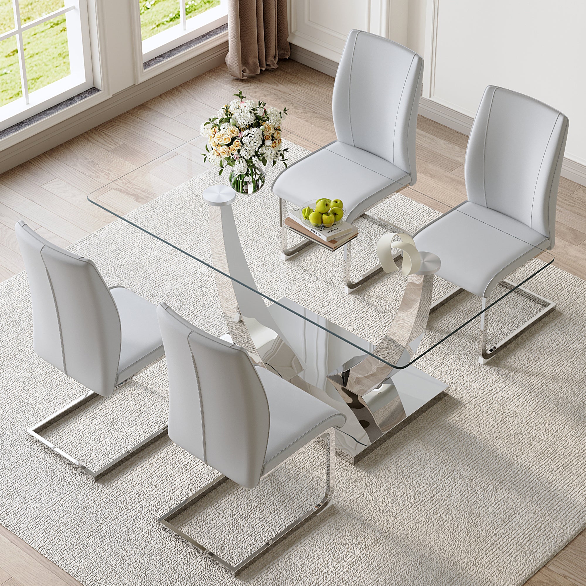 Table And Chair Set.Modern Dining Table,Tempered Glass Tabletop And Silver Colored Leg.Paired With 4 Soft And Comfortable Light Gray Pu Chair, Perfect For Dinner, Meetings, Home And Office Decor.