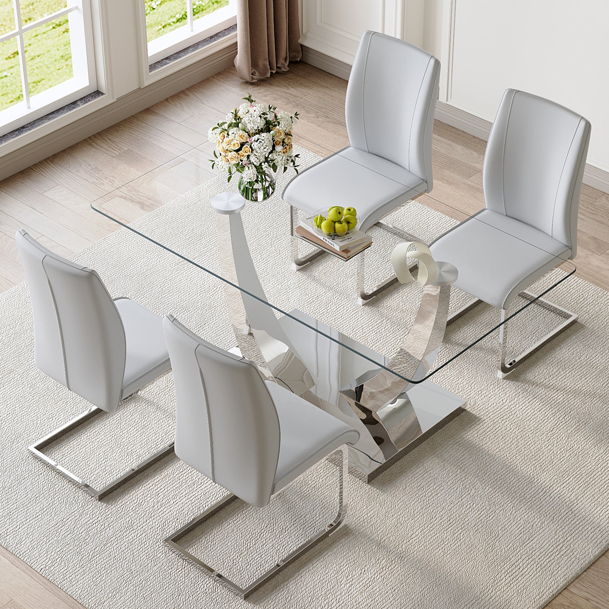 Table And Chair Set.Modern Dining Table,Tempered Glass Tabletop And Silver Colored Leg.Paired With 4 Soft And Comfortable Light Gray Pu Chair, Perfect For Dinner, Meetings, Home And Office Decor.