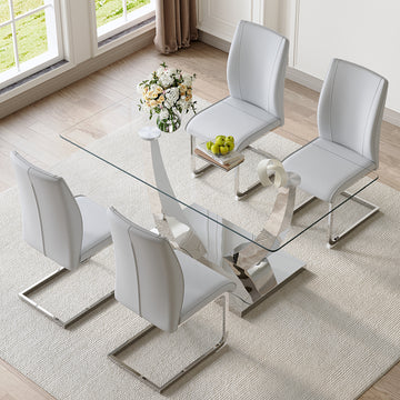 Table And Chair Set.Modern Dining Table,Tempered Glass Tabletop And Silver Colored Leg.Paired With 4 Soft And Comfortable Light Gray Pu Chair, Perfect For Dinner, Meetings, Home And Office Decor.