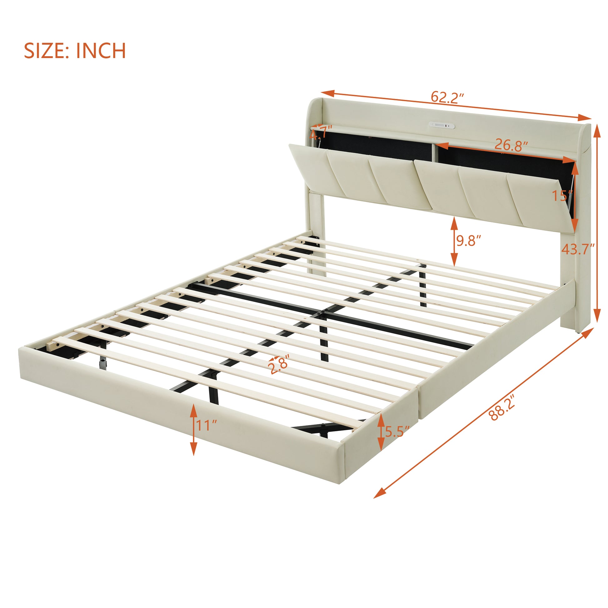 Queen Size Floating Bed Frame With Storage Headboard, Modern Upholstered Platform Bed With Touch Sensor Night Light And Usb Charger, Beige Queen Beige Bed Frame Wood