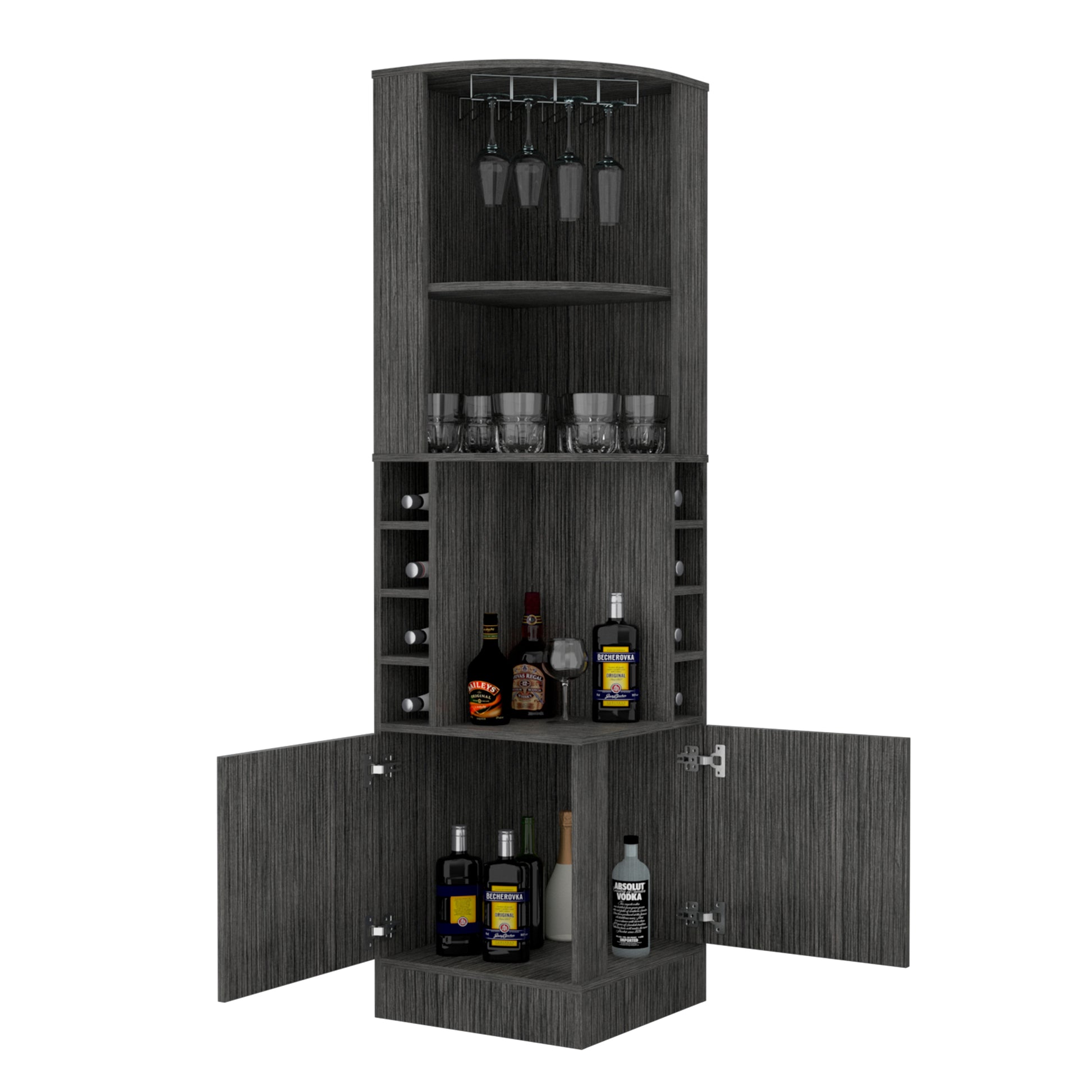 Seattle Bar Cabinet, Eight Bottle Cubbies, Two Large Open Shelves Freestanding 5 Or More Shelves Smoke Gray Primary Living Space Open Storage Space Contemporary Pine Melamine Melamine