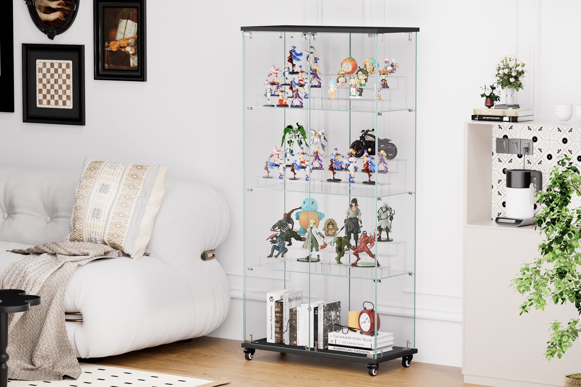 4 Tier Glass Display Cabinet, Double Door Glass Cabinet With Two Locks, Floor Standing Storage Cabinet With 6 Acrylic Shelves For Living Room, Bedroom And Office, Black, 31.5"L X 14.2"W X 65.1"H