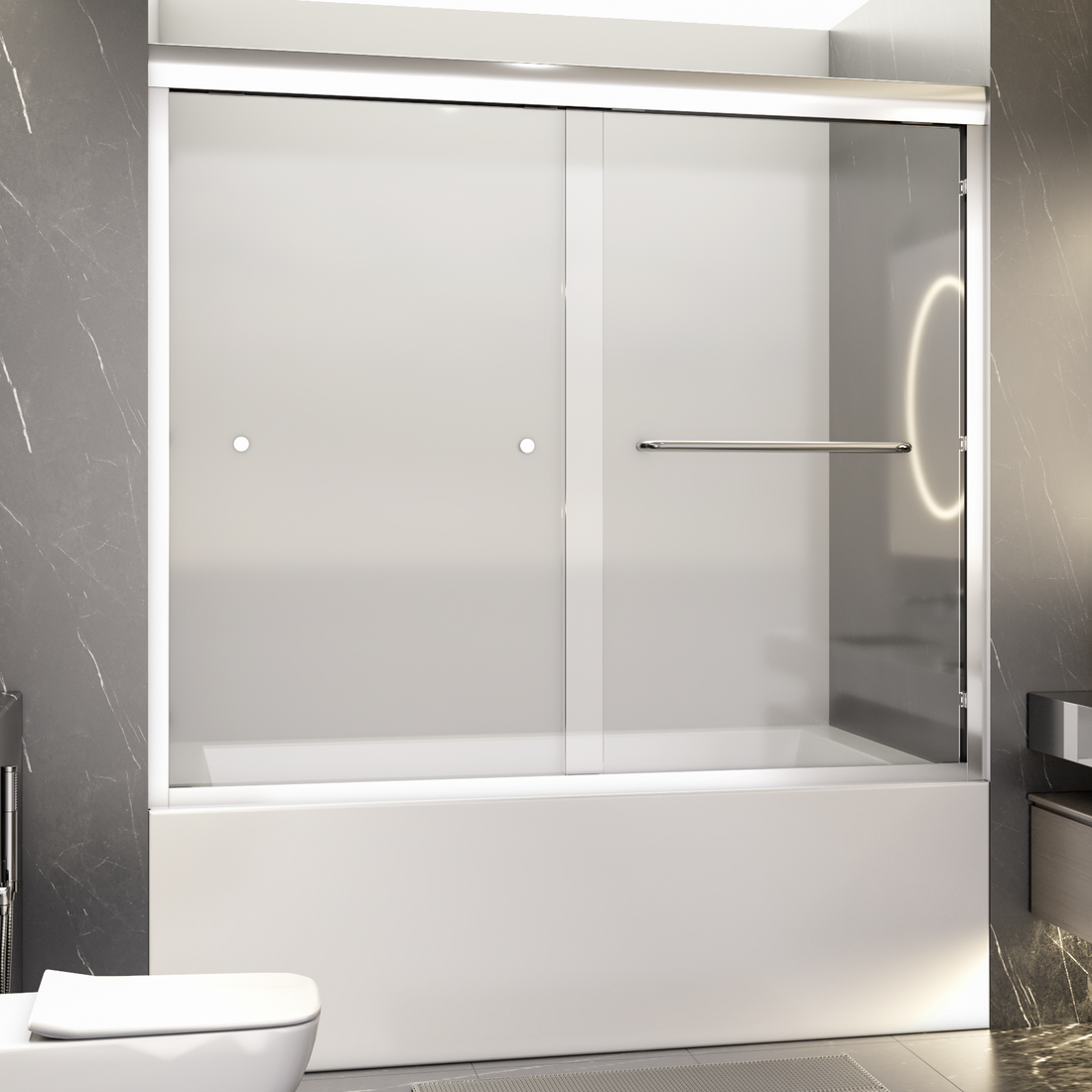 56" 60"W*58" H Semi Frameless Double Sliding Tub Door, Bypass Bathtub Shower, 1 4" 6Mm Thick Sgcc Tempered Glass Door, Chrome Chrome Glass Metal