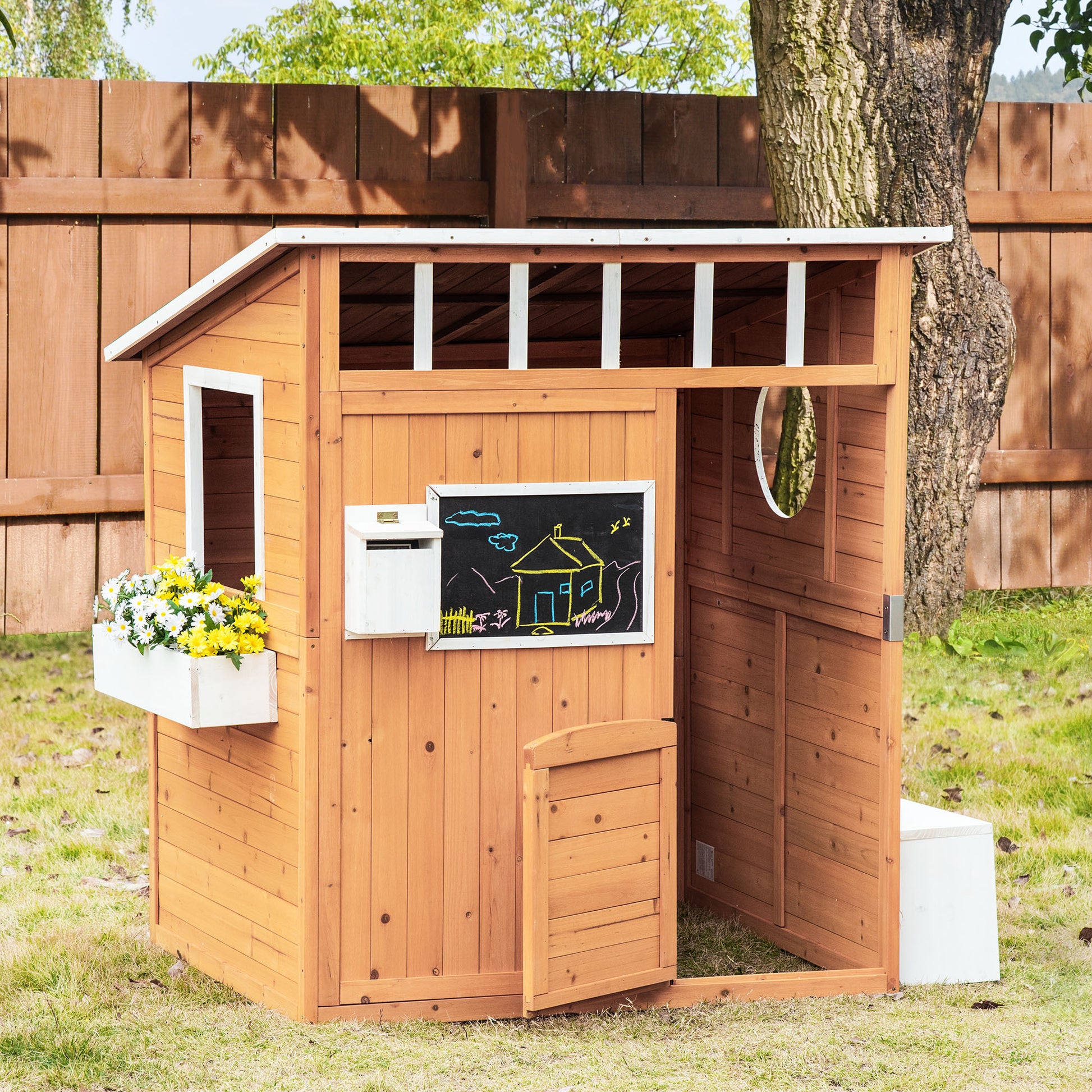 Outsunny Wooden Playhouse For Kids Outdoor With Working Door, Windows, Mailbox, Bench, Flowers Pot Holder, 48" X 42.5" X 53" Yellow Wood