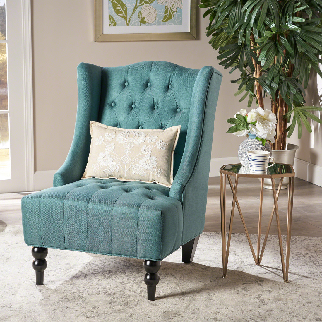 Upholstered Wingback Chair Teal Fabric