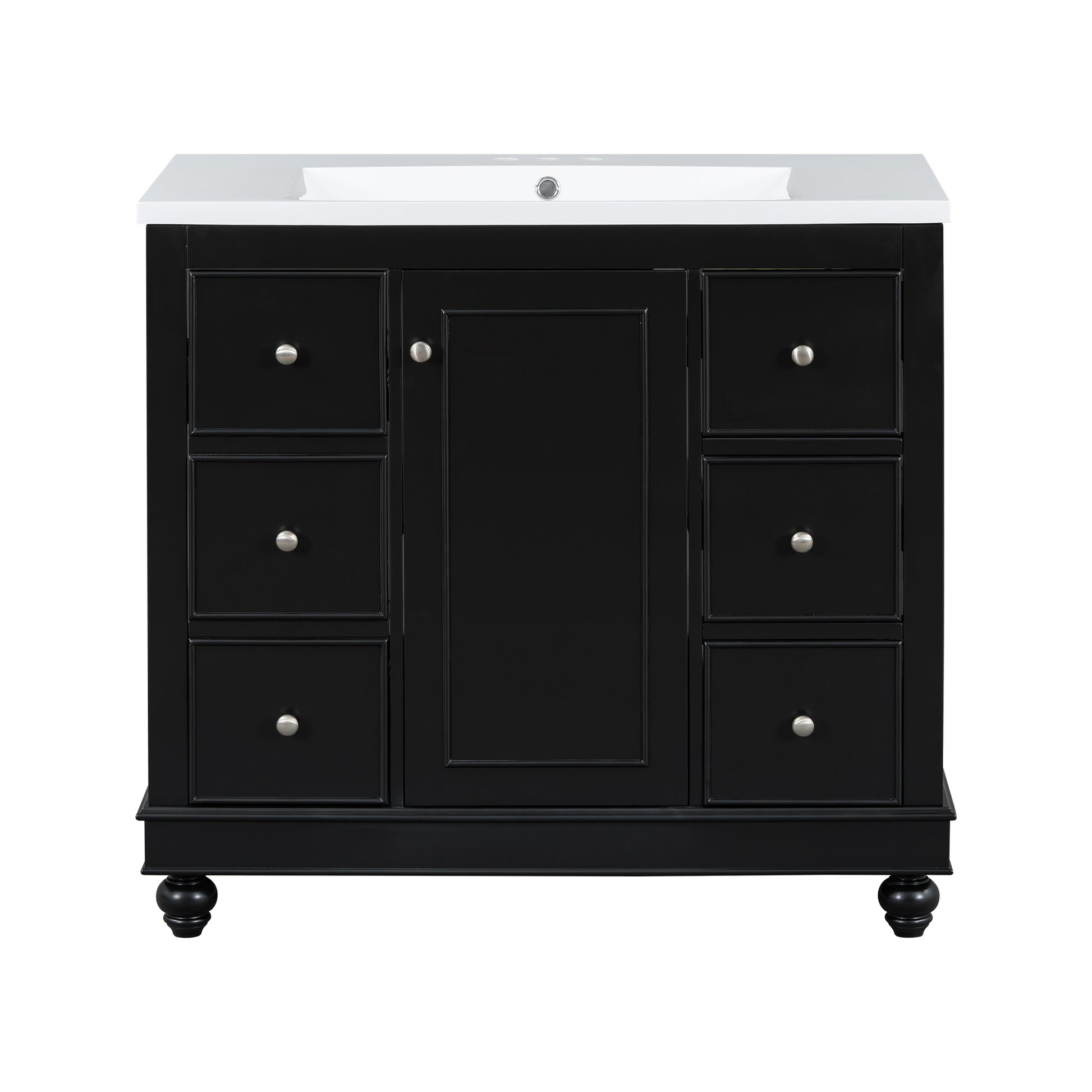 Contemporary Black Bathroom Vanity Cabinet 36X18X34 Inches, 4 Drawers & 1 Cabinet Door, Multipurpose Storage, Resin Integrated Sink, Adjustable Shelves, Solid Wood Frame With Mdf Black Bathroom