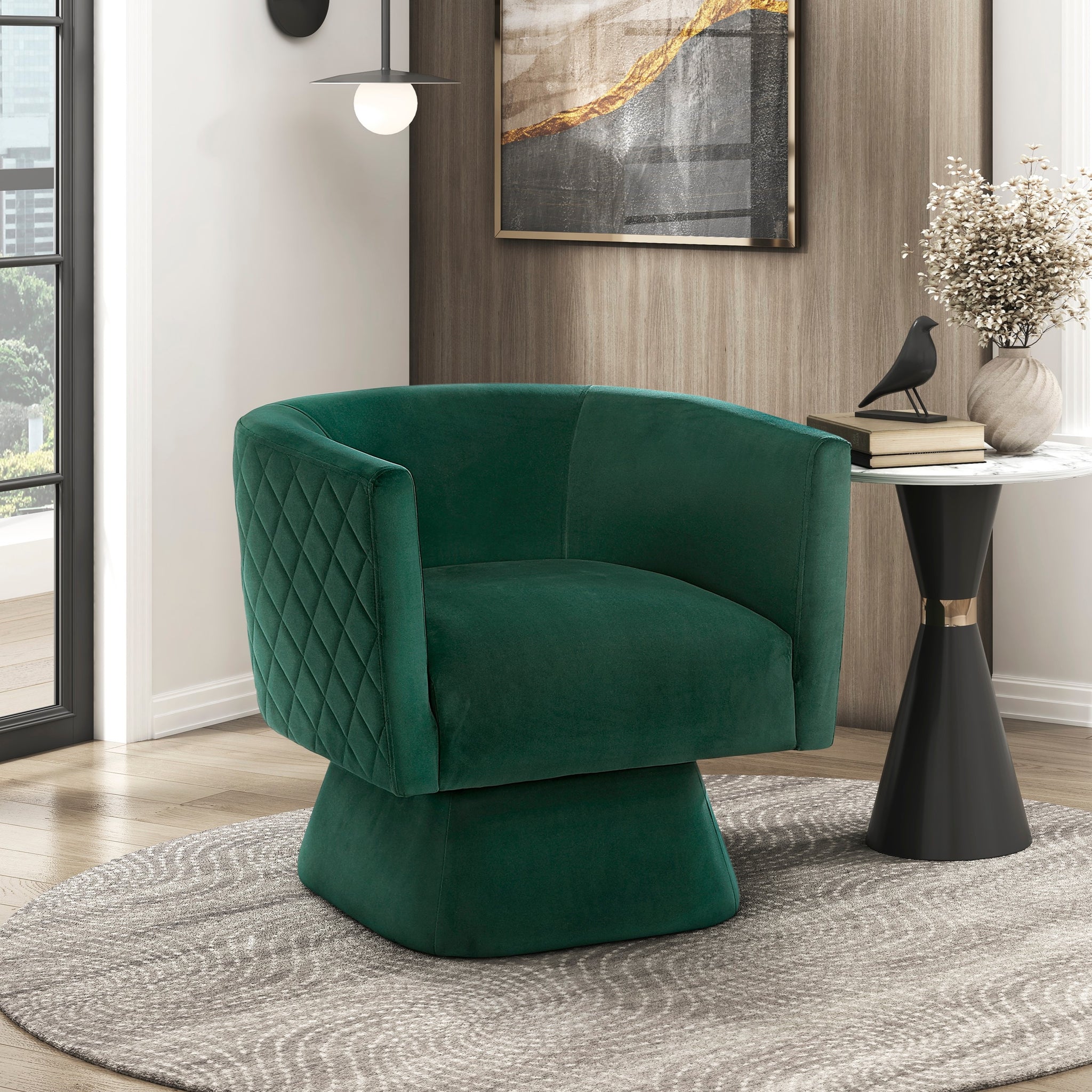 1Pc Swivel Chair Green Velvet Fabric Upholstery Solid Wood Diamond Pattern Stitched Back Comfort Chair Living Room Furniture Green Primary Living Space Contemporary Plywood,Solid Wood