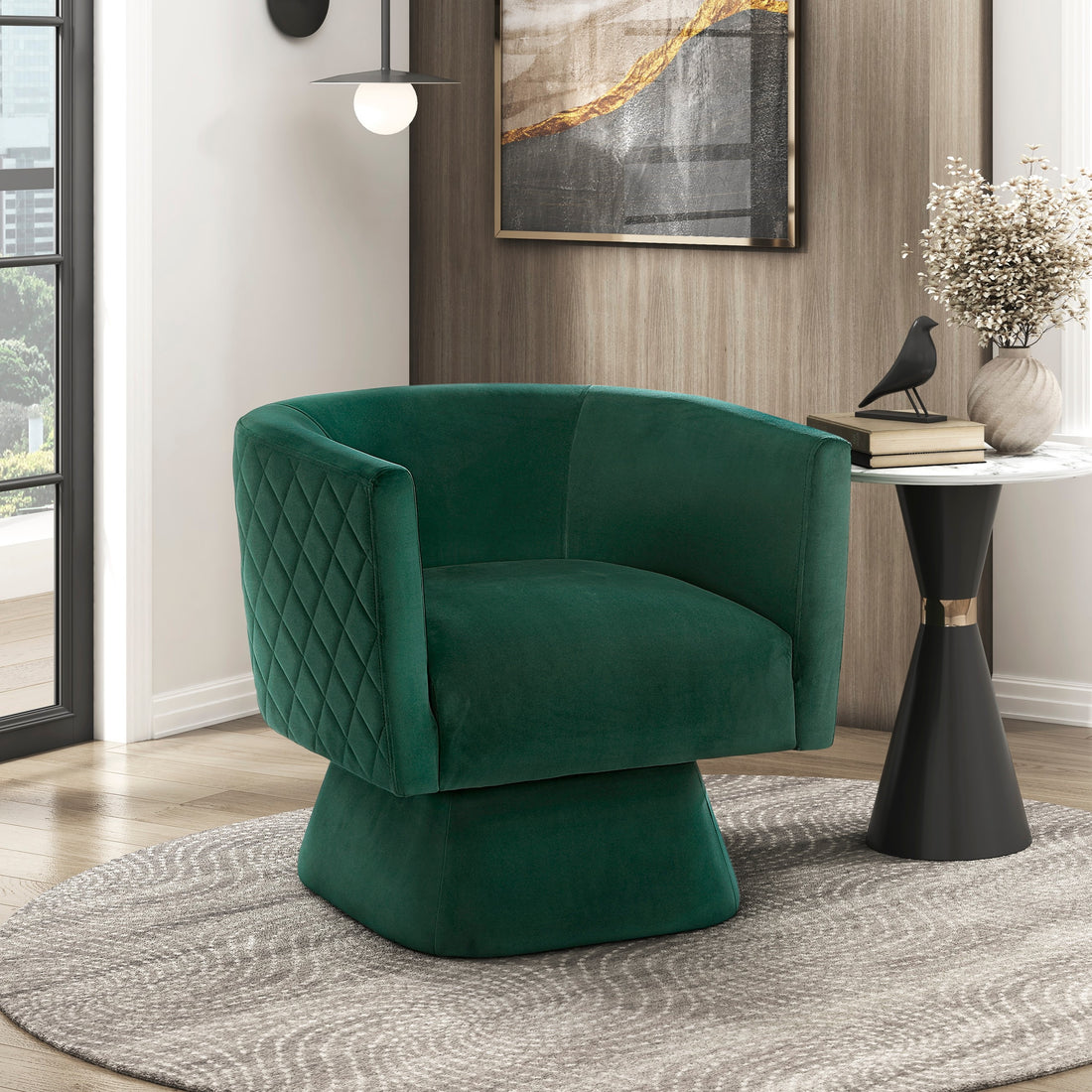 1Pc Swivel Chair Green Velvet Fabric Upholstery Solid Wood Diamond Pattern Stitched Back Comfort Chair Living Room Furniture Green Primary Living Space Contemporary Plywood,Solid Wood