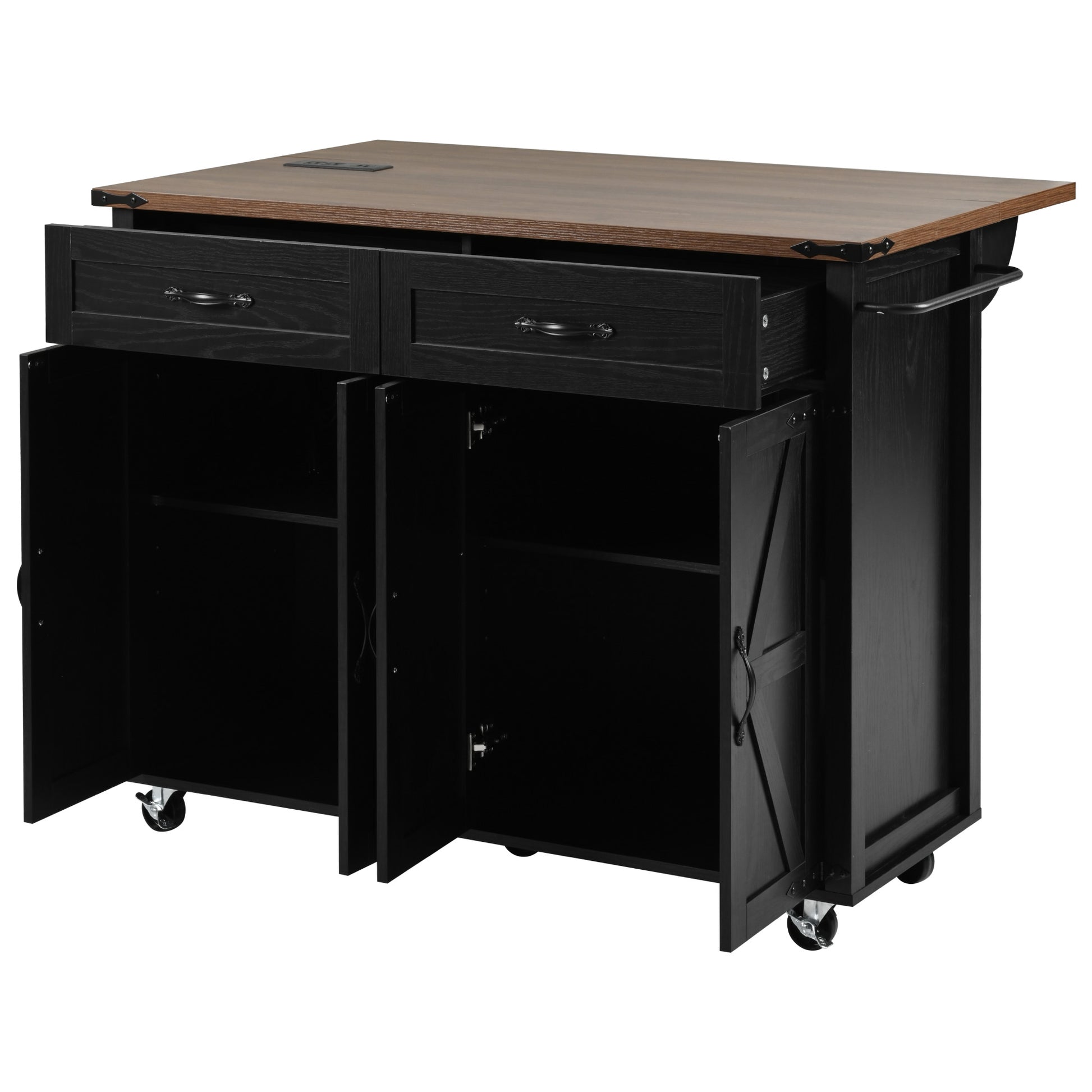 K&K 53.5''Farmhouse Kitchen Island With Power Outlet, Kitchen Storage Island With Drop Leaf, Spice Rack And Drawer, Rolling Kitchen Cart On Wheels, For Home, Kitchen And Dining Room, Black Black