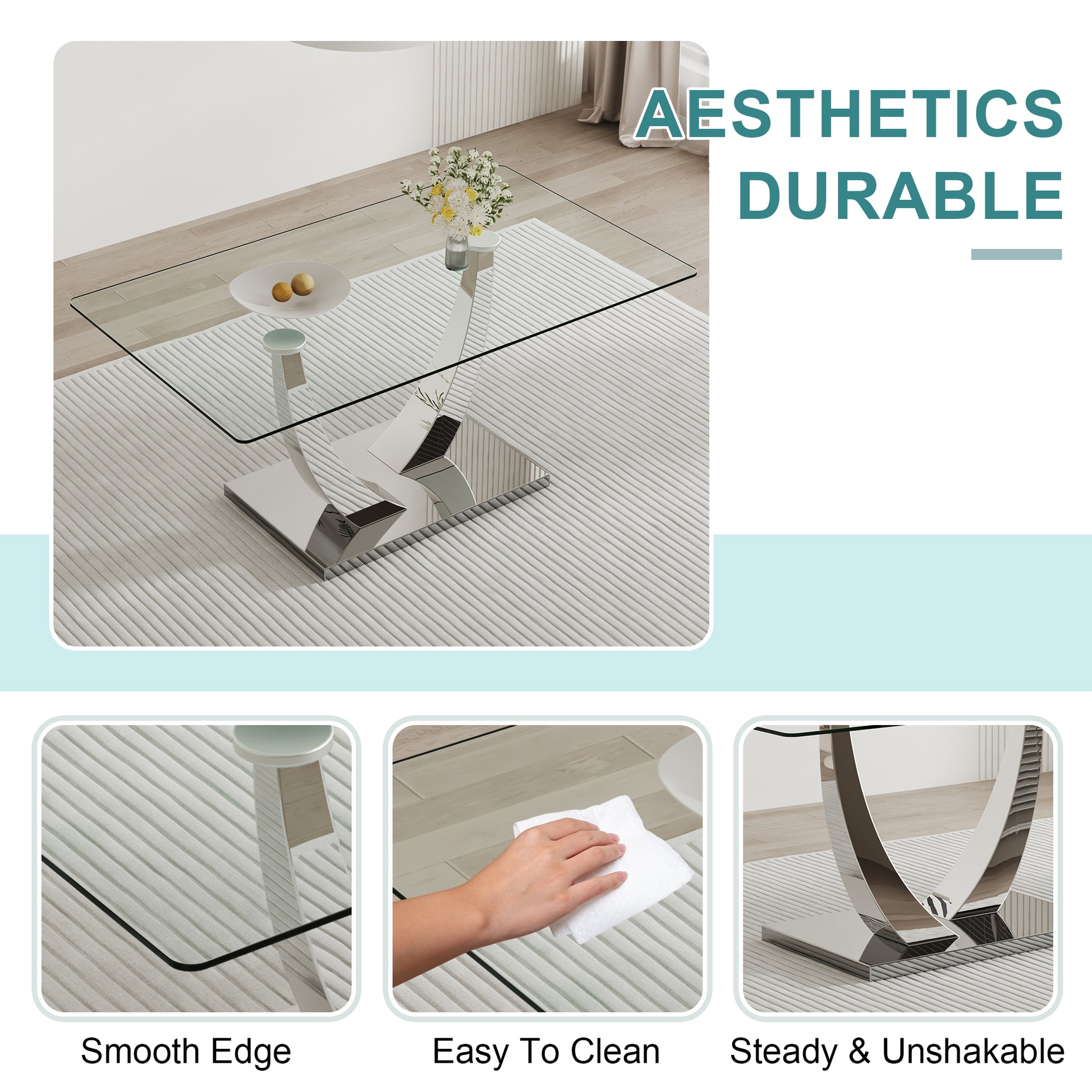 Table And Chair Set. Large Modern Rectangular Table With Glass Top And Silver Metal Legs. Furnished With Soft And Comfortable Pu Chairs With Faux Leather Upholstered Seats And Silver Metal Legs. Black Silver Seats 8 Glass Metal