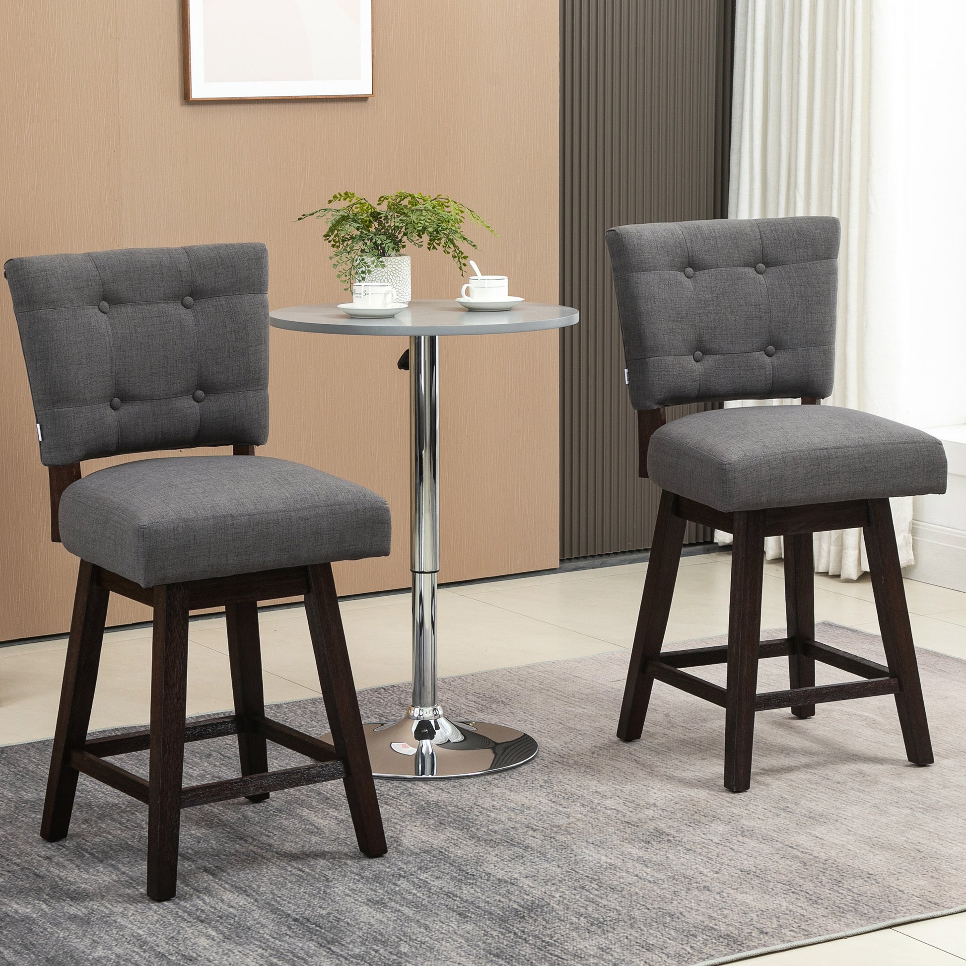 Homcom Counter Height Bar Stools Set Of 2, Fabric Tufted Swivel Barstools 26.5 Inch Seat Height With Rubber Wood Legs And Footrest For Dining Room, Kitchen, Pub, Grey Dark Grey Rubber Wood