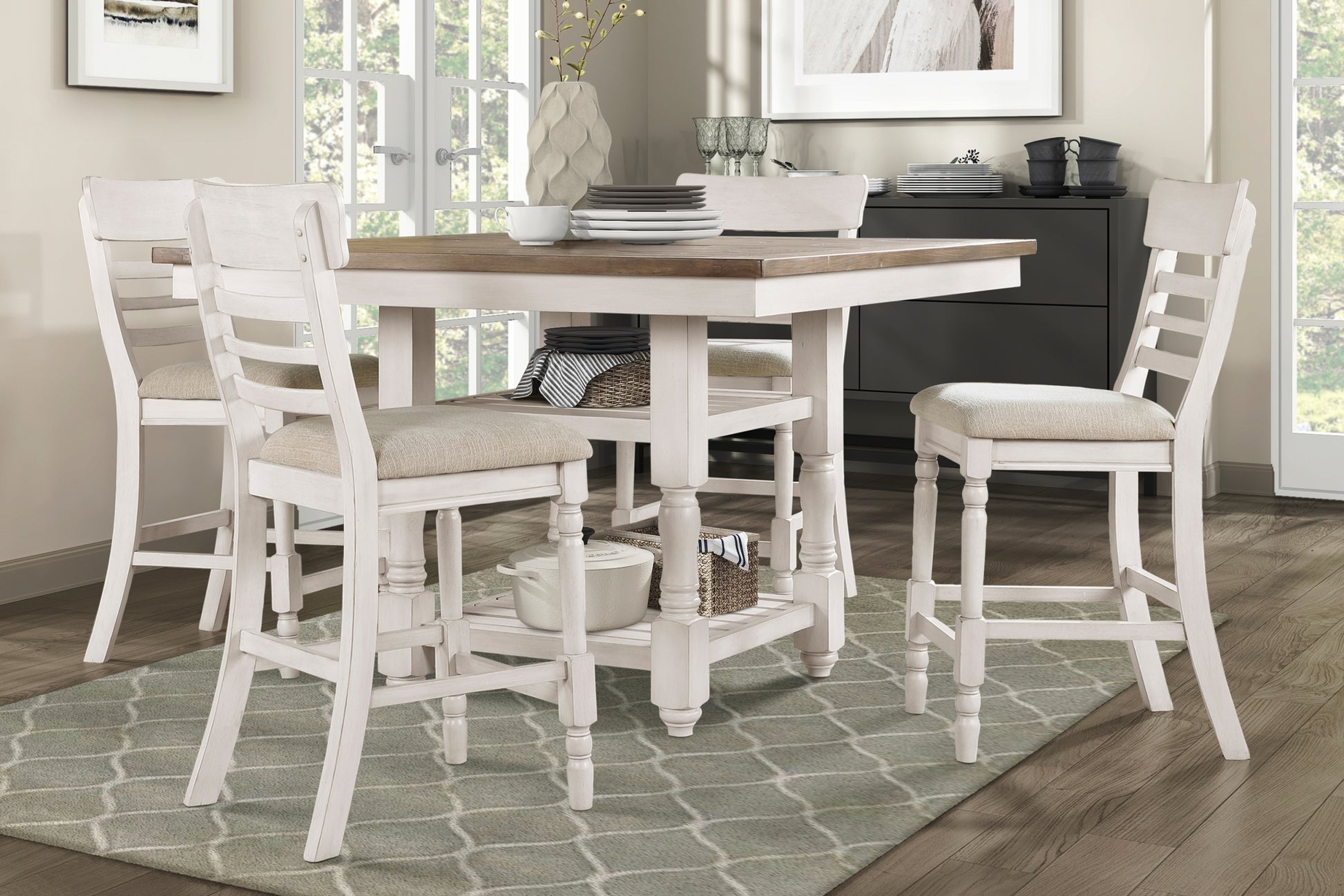 Antique White Finish Counter Height Set 5Pc Table With Bottom Storage And 4 Counter Height Chairs Farmhouse Style Dining Kitchen Set Wooden Furniture Wood Wood Antique White,Brown Seats 4 Wood Dining Room Farmhouse Square Wood