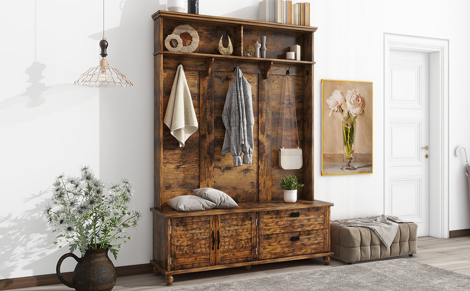 Modern Style Hall Tree With Storage Cabinet And 2 Large Drawers, Widen Mudroom Bench With 5 Coat Hooks, Rustic Brown Rustic Brown Primary Living Space Particle Board