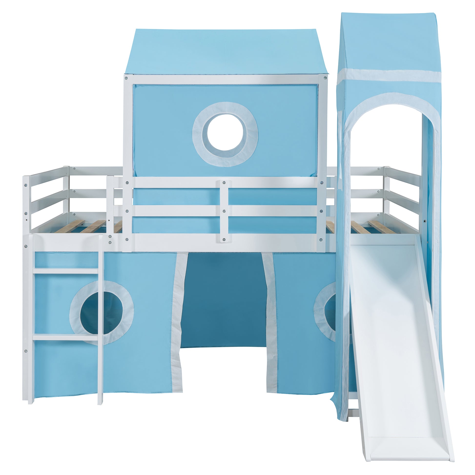 Full Size Loft Bed With Slide Pink Tent And Tower Blue Old Sku:Wf298771Aac Full Blue Solid Wood