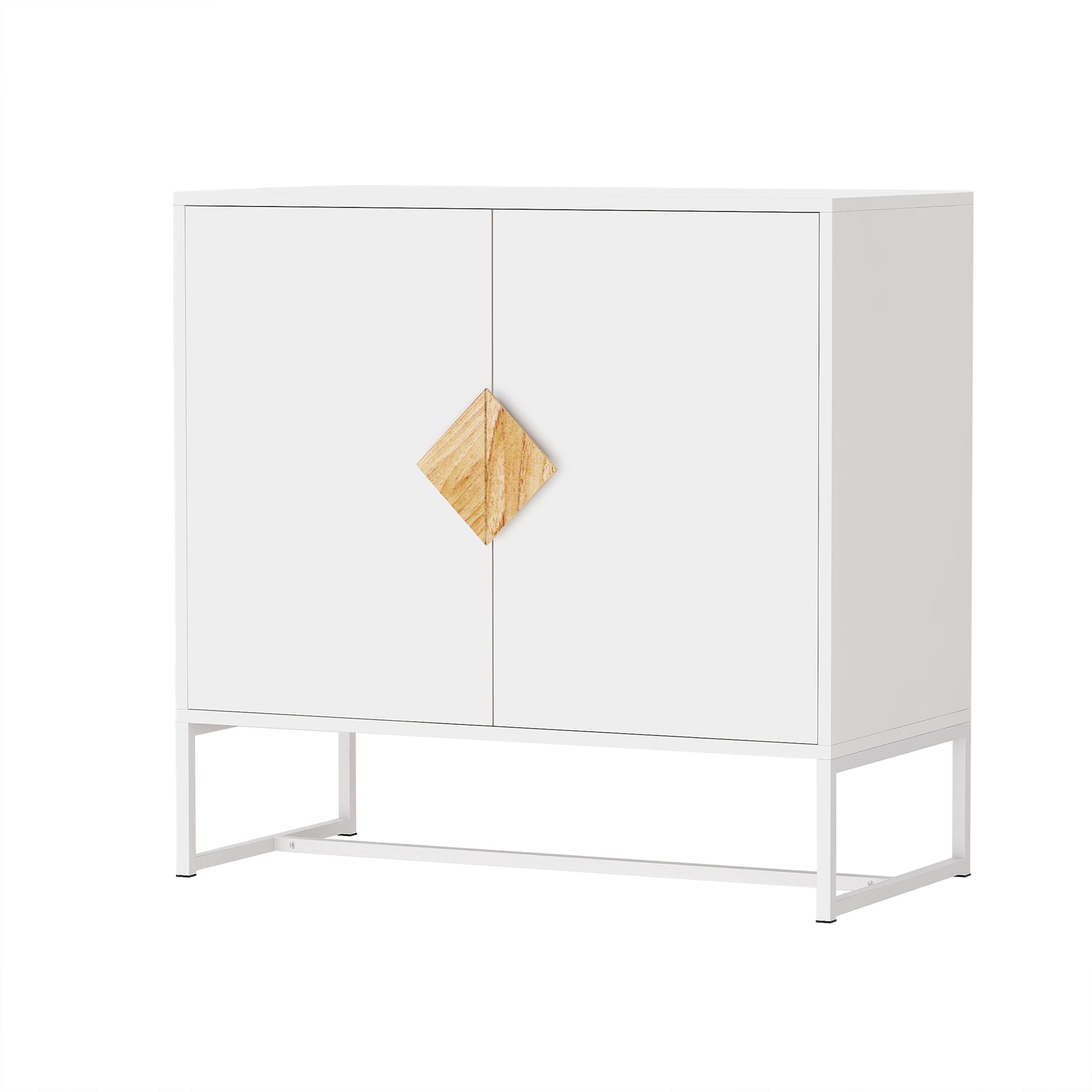 Solid Wood Square Shape Handle 2 Doors Sideboard White Mdf