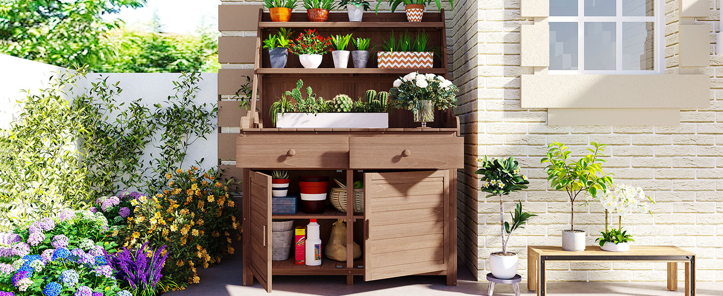 Assembly 65Inch Garden Potting Bench Table, Fir Wood Workstation With Storage Shelf, Drawer And Cabinet, Brown Brown Water Resistant Frame Garden & Outdoor Rustic Wood