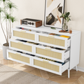 White Rattan 6 Drawers Chest Of Dressers For Bedroom Modern 6 Drawer Dresser, Wide Chest Of Drawers With Gold Handles, Rattan Dresser Storage Cabinet For Living Room, Bedroom, Hallway White American Design,American Traditional,Antique,Casual,Wild Style