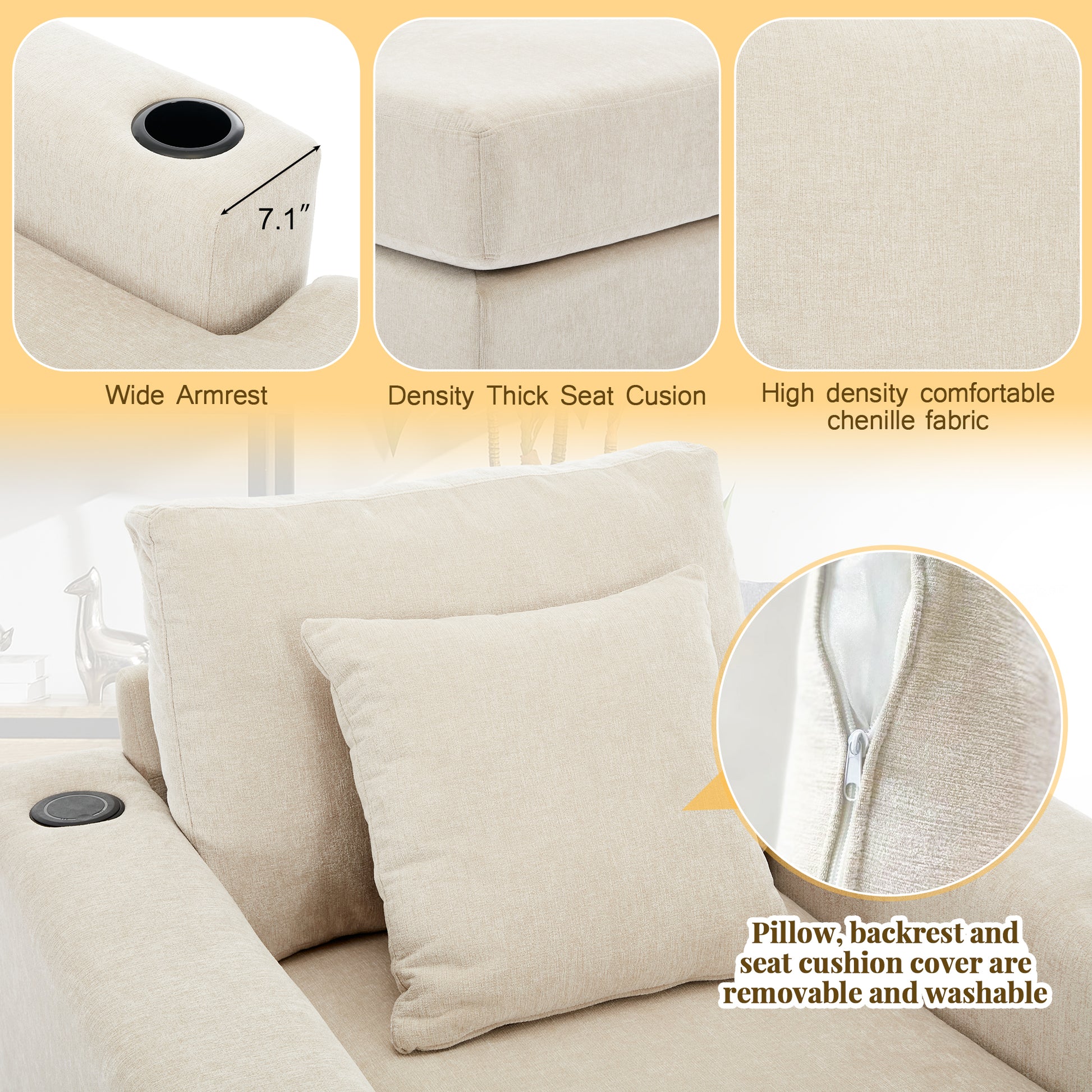 39.7" Oversized Chaise Lounger Modern Style Sofa Couch ,With Pillows, Charge Station & Cup Holders, Chenille Fabric, Cream Cream Chenille