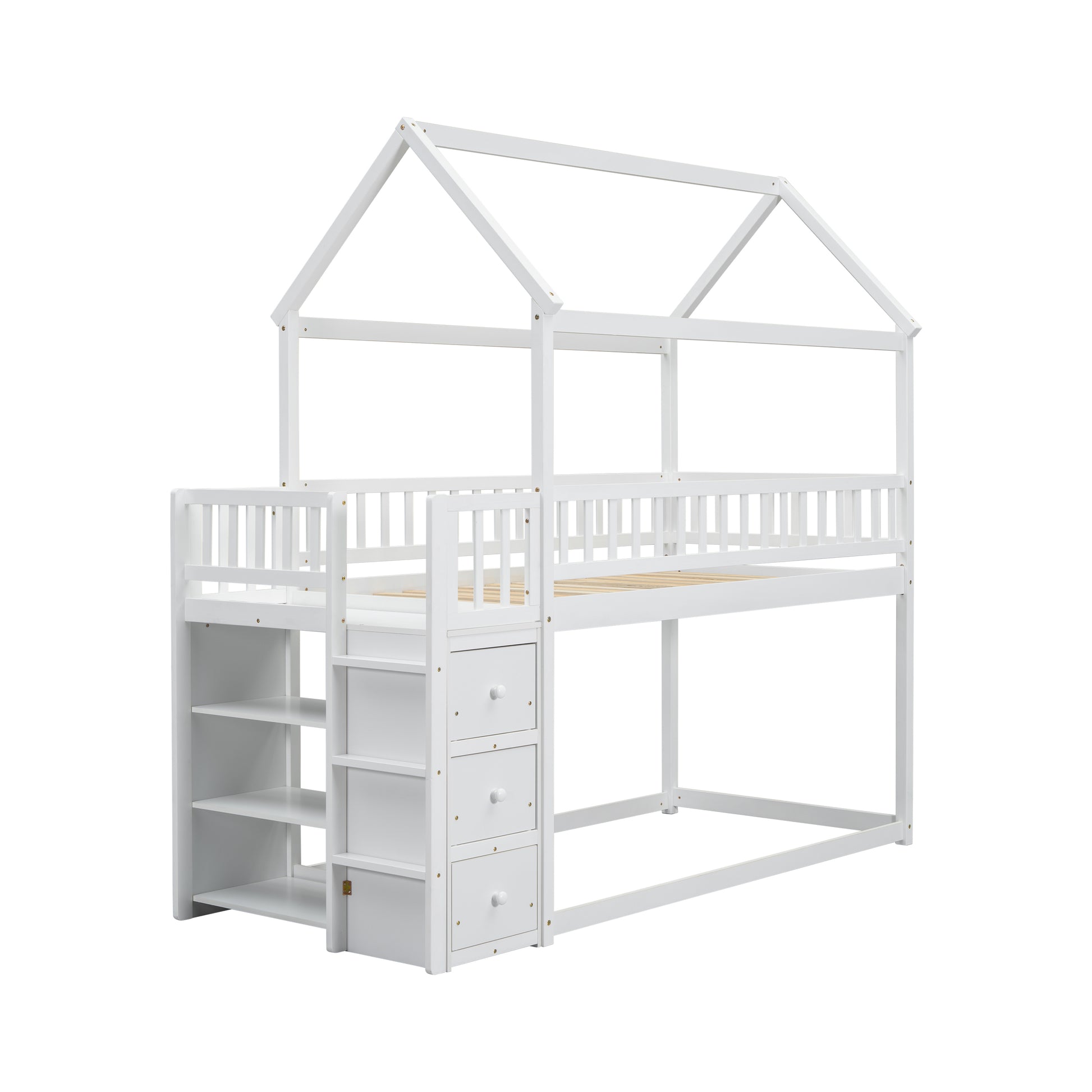 Twin Twin House Bunk Bed With Shelves And Drawers For White Color Box Spring Not Required Twin White Bedroom Bunk Pine