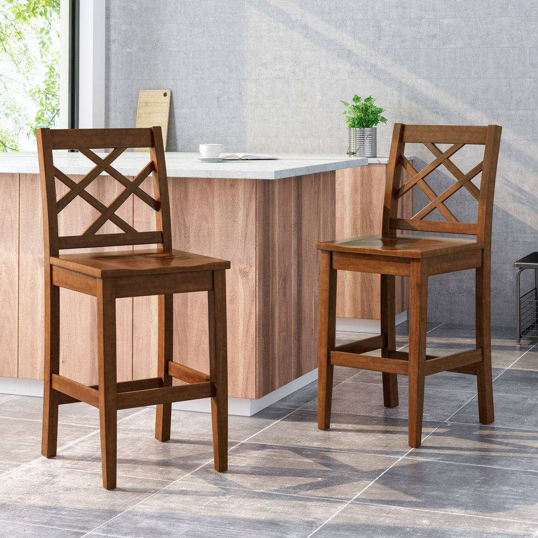 Counter Chair Set Of 2 Mahogany Wood Waterproof Fabric