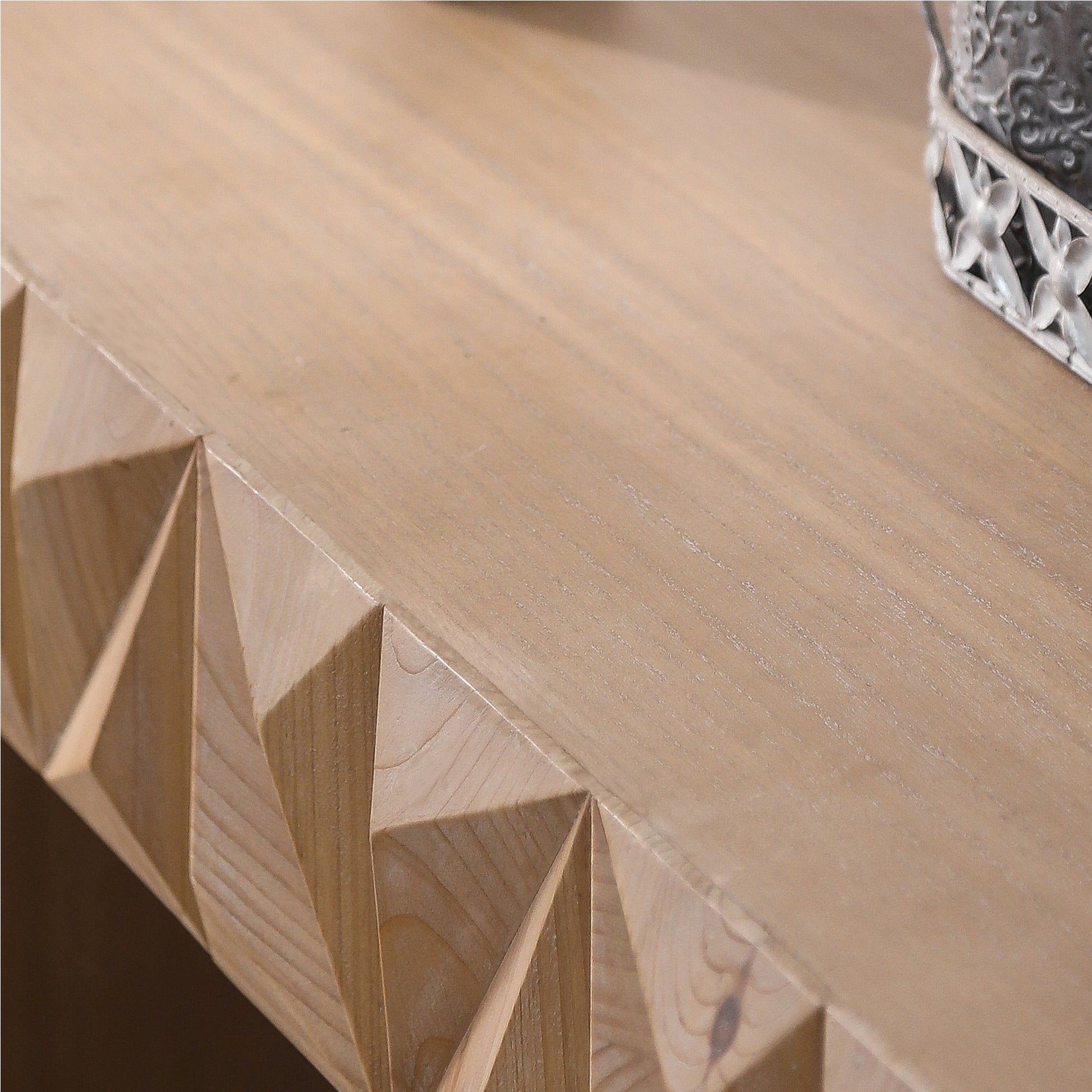 Modern Geometric Wooden Console Table Natural Wood Finish With Handcrafted 3D Design Antique Natural,Natural,Natural & Light Brown,Natural Wood,Natural Wood Wash Nature Distressed Finish Primary Living Space Powder Coated Rectangular Wood