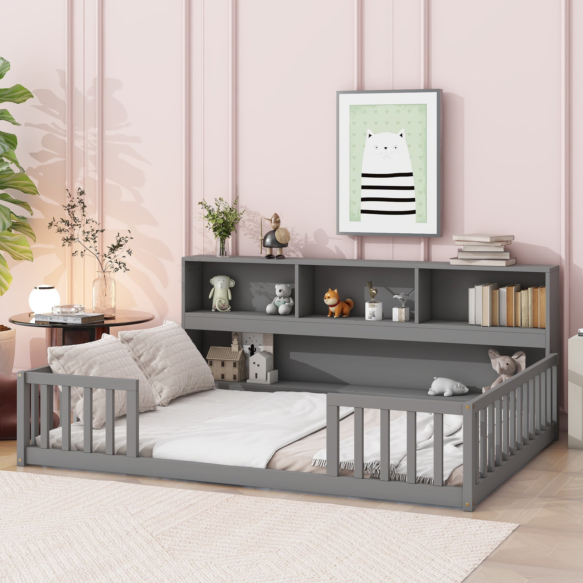 Full Floor Bed With Side Bookcase,Shelves,Guardrails,Grey Full Grey Bedroom American Design Pine