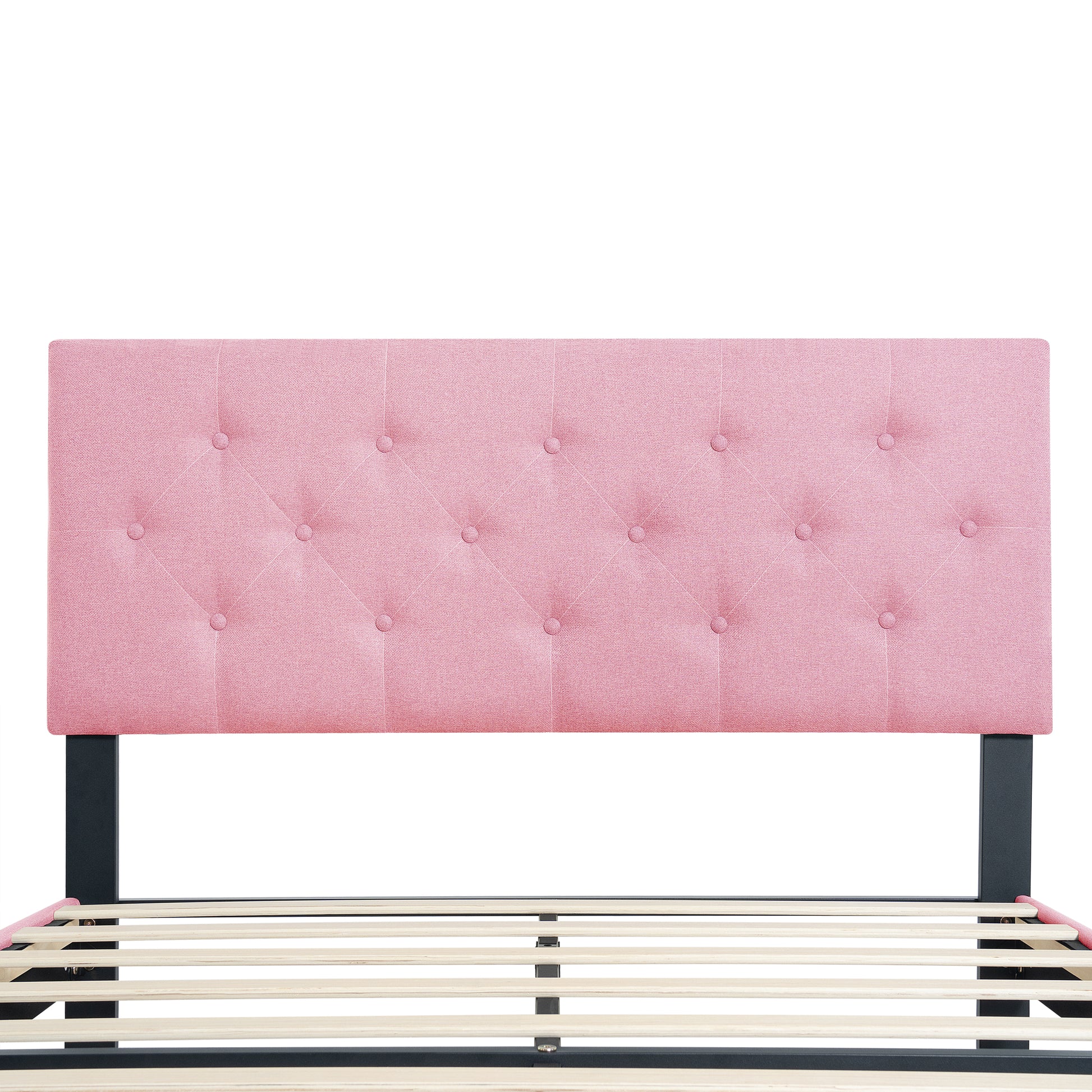 Queen Size Upholstered Platform Bed Frame With Modern Button Tufted Linen Fabric Headboard, No Box Spring Needed, Wood Slat Support, Easy Assembly, Pink Queen Pink Linen