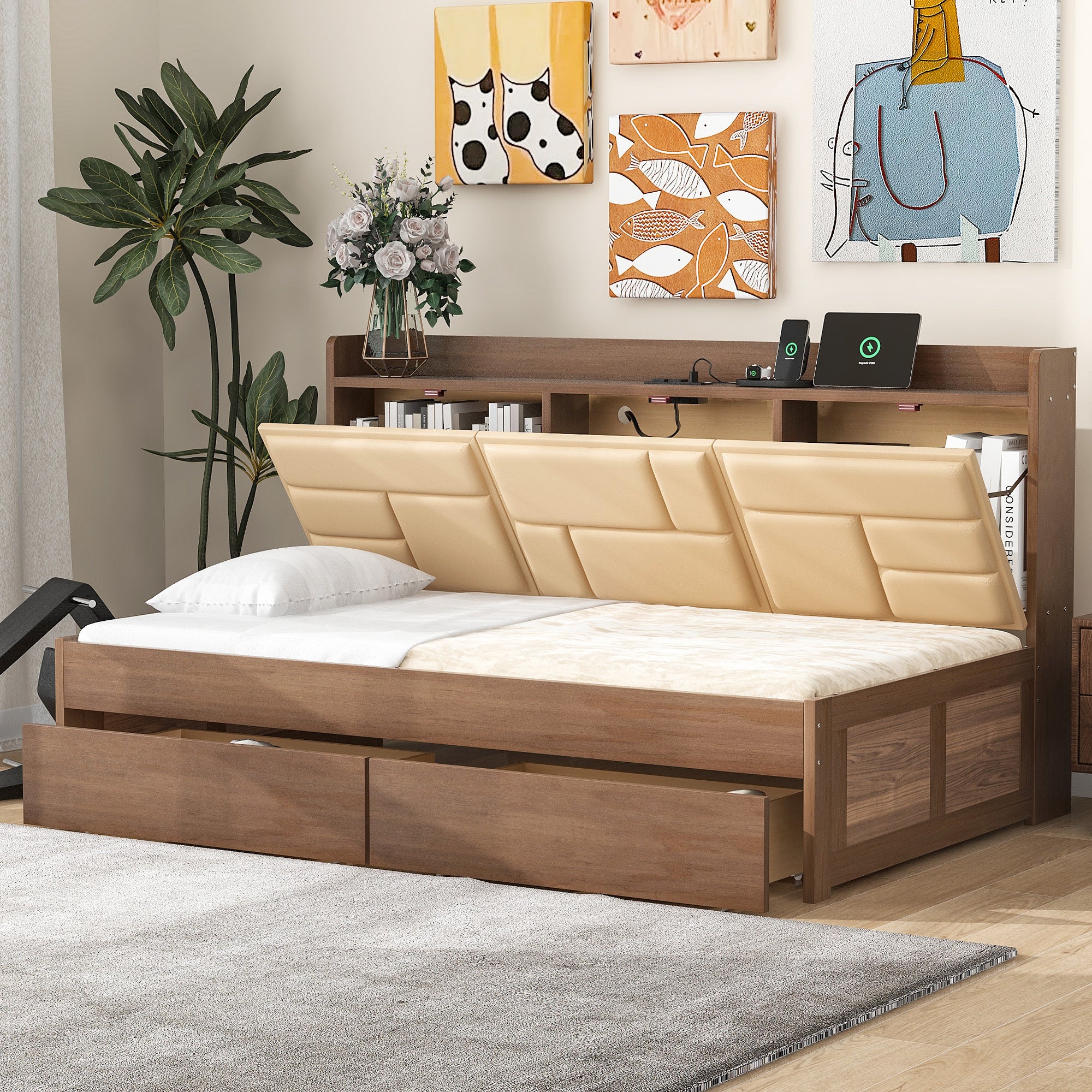 Twin Size Wood Daybed With Upholstered Storage Shelves, Usb Ports And 2 Drawers, Wood Color Box Spring Not Required Twin Wood Wood Bed Frame Solid Wood Mdf