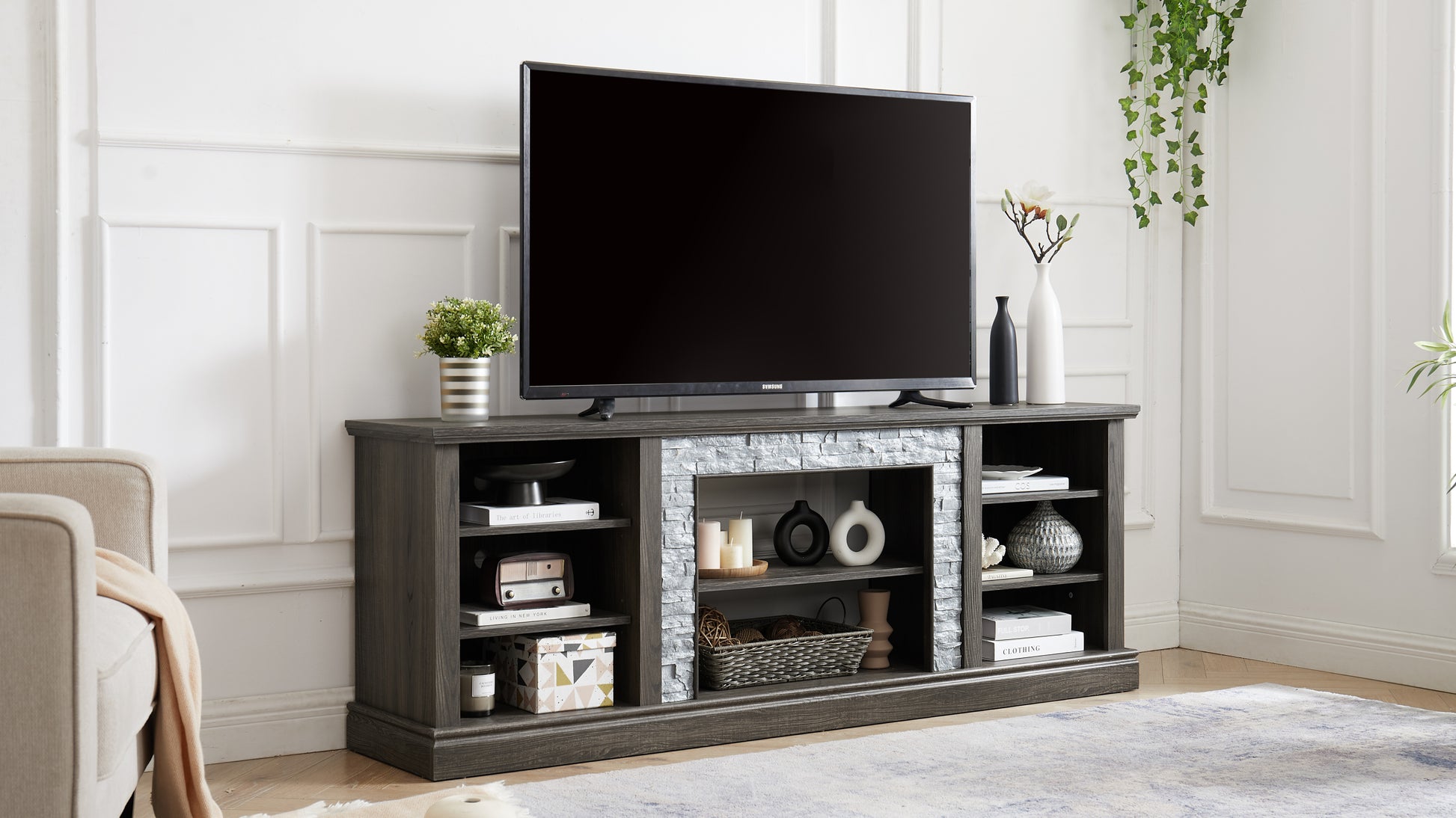 Large Tv Stand Tv Desk Storage Rack With Faux Stacked Stone Surround,Media Console Table With Large Storage Cabinet,Modern Tv Media Entertaionment Stand,Grey, 70.12"W*15.35"D*25.83"H Grey 70 79 Inches Mdf