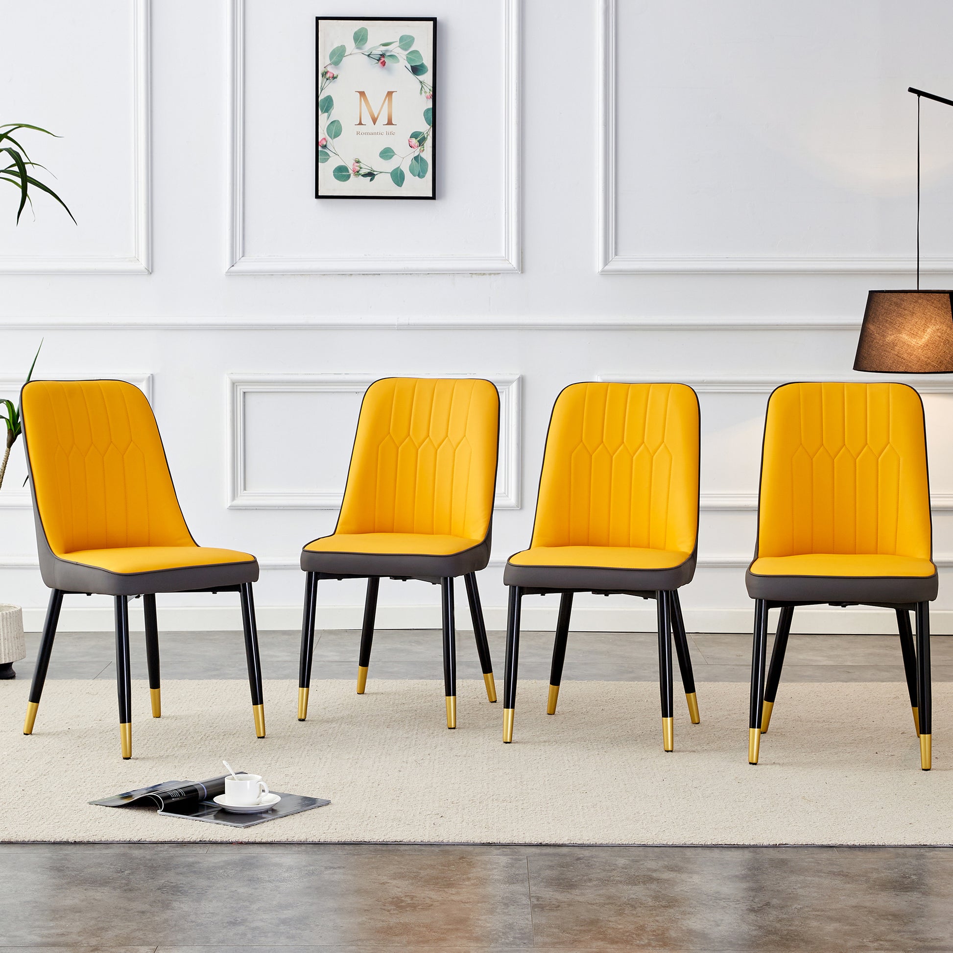 Large Modern Minimalist Rectangular Dining Table With 0.39 "Imitation Marble Black Tabletop And Golden Metal Legs, Paired With Chairs With Pu Cushions And Black Metal Legs. F 1537 C 007 Black Gold Glass Metal